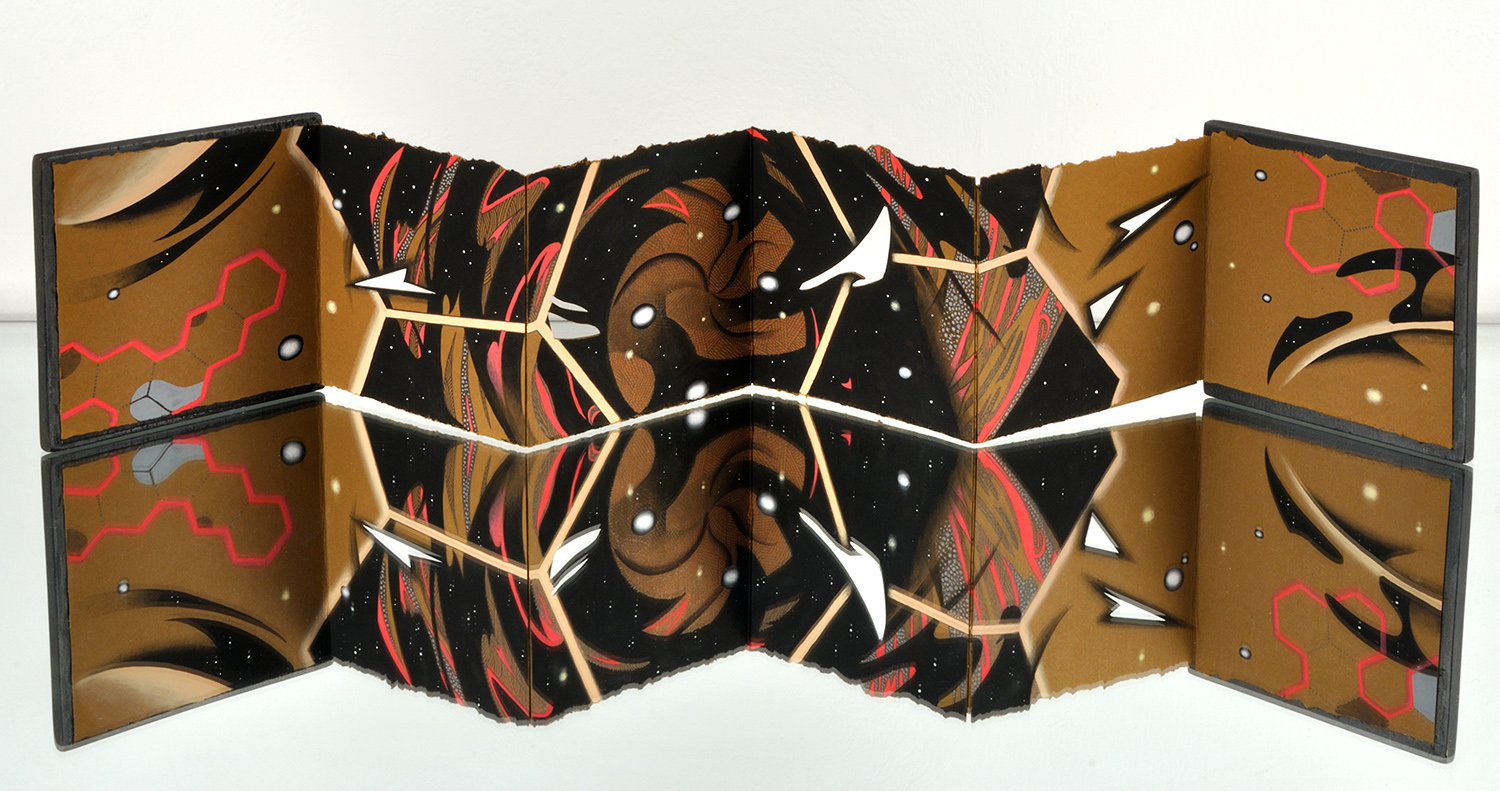 Maelstrom Accordion Book , Mixed media on paper & wood, 24 in. x 4 in.