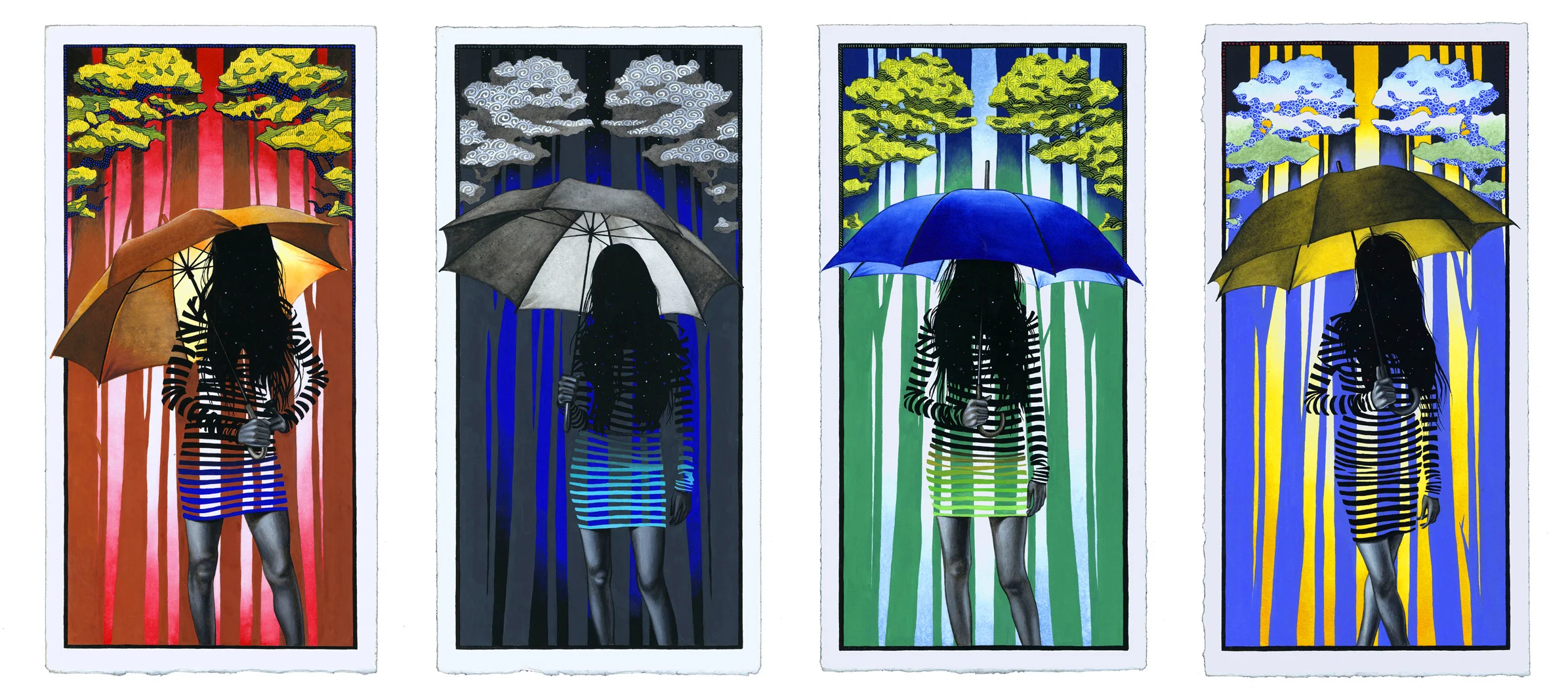 Footprints (Umbrella Girl) Series, Gouache & ink on paper. Various Private Collections (Seattle, WA & New York, NY)