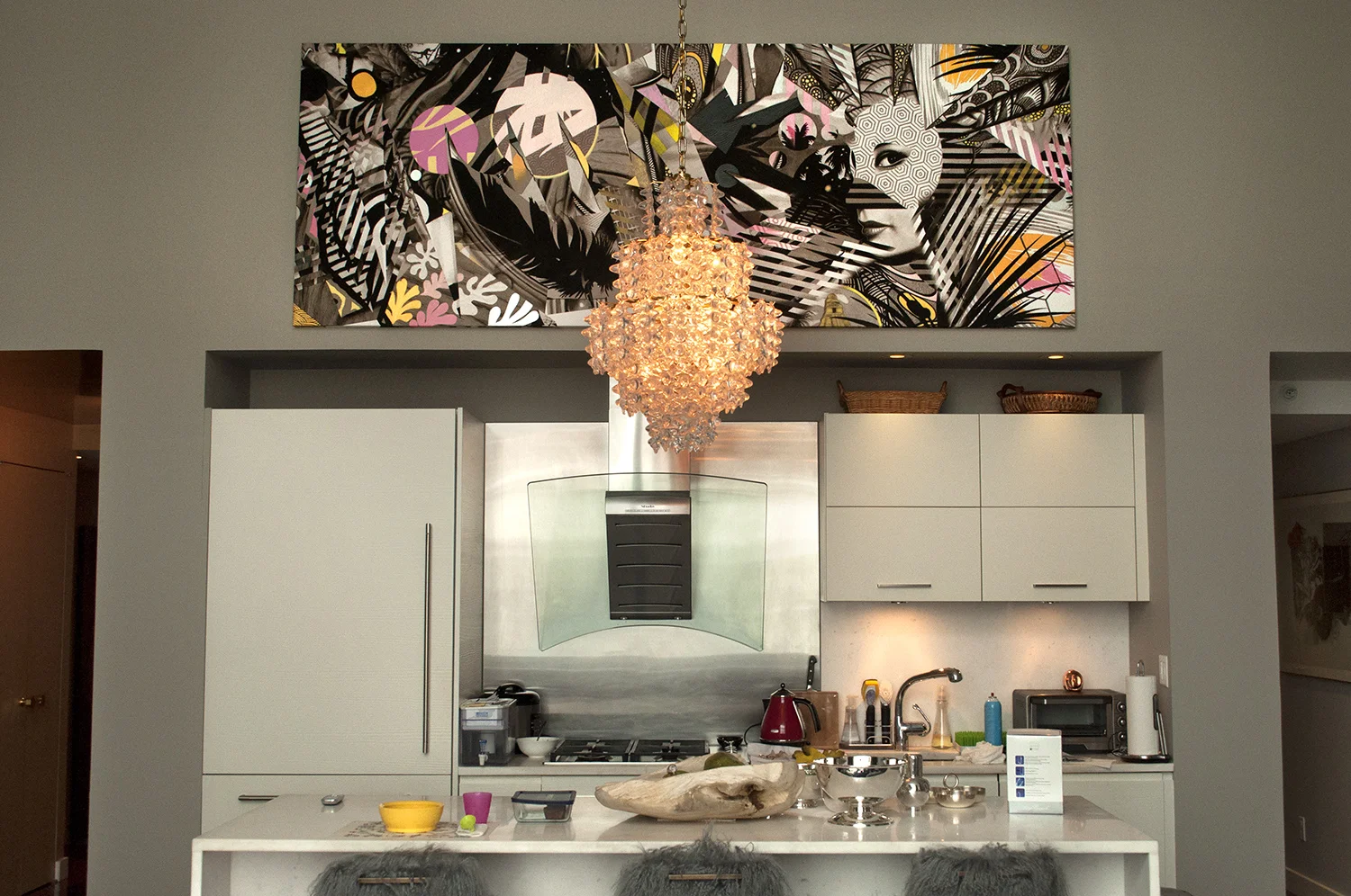 Tropicália: Peacock Opera Dream , 114 in. x 42 in., Site-specific mural with acrylic & mixed media on canvas, Commissioned for private residence, 2015 (Manhattan, NY). Curated by Artmuse