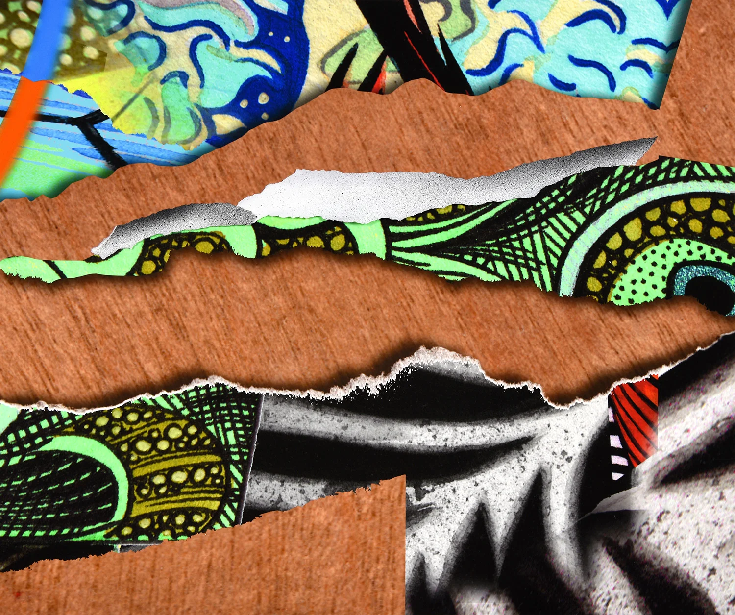 Floating Garden Suite (Lower-right Detail), Acrylic, gouache, wood, & mixed-media on paper
