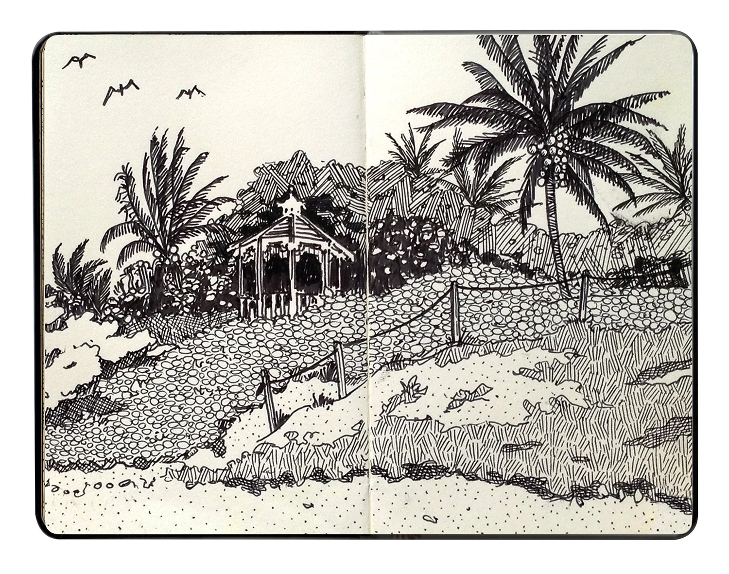 Malliouhana: Rendezvous Bay (Plein Air Sketch) , 7 in. x 5.5 in., Ink on paper, 2014.
