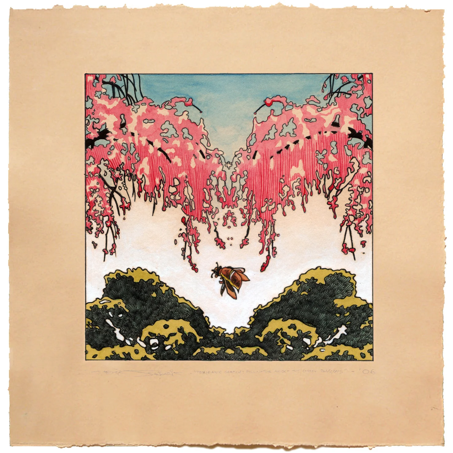 Pollinator Amidst the Cherry Blossoms , Gouache & watercolor on paper. Private Collection (New York, NY)