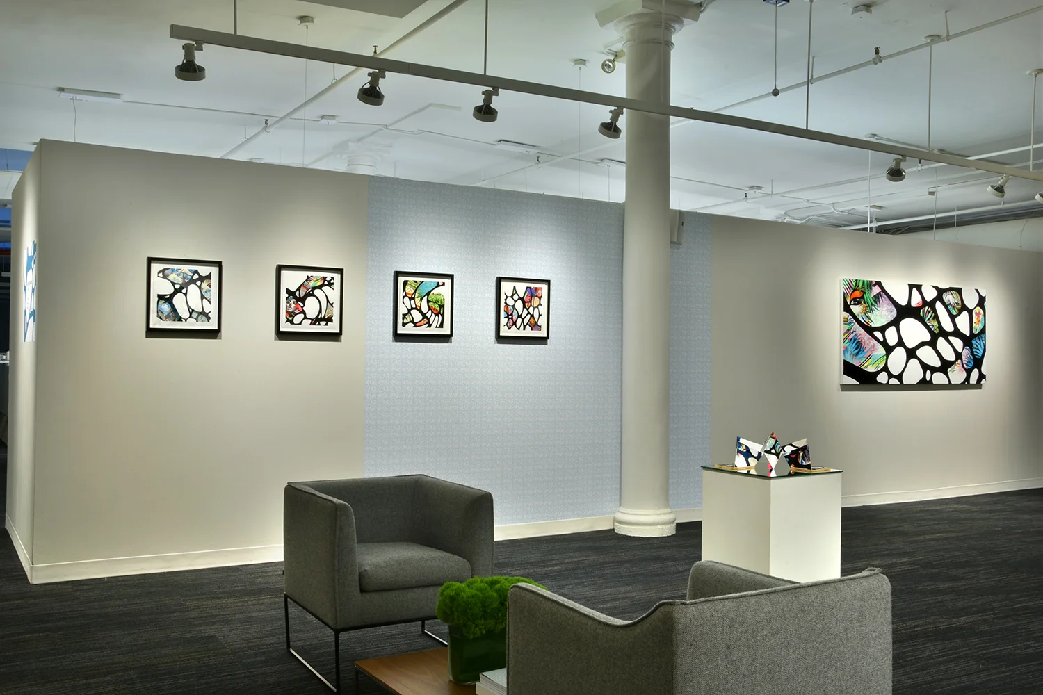 Peter D. Gerakaris: Ventana - Installation View at FXFOWLE, Paintings, works on paper, origami sculpture, & custom wallpaper. Co-Curated by Deborah Davis & READart. FXFOWLE Gallery (New York, NY). Click here to view artworks from the Ventana Series | View the Ventana Gallery Installation at FXFOWLE