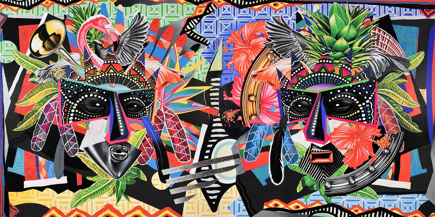 Junkanoo Masquerade - A permanent, site-specific artwork commissioned for the Warwick Hotel Paradise Island (Bahamas). Acrylic & mixed-media on canvas. 132 in. x 66 in. Click here to view the work in situ & to learn more about this special commission