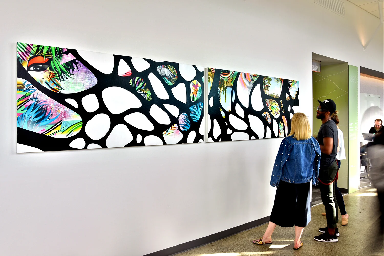 Ventana 2.0 - Eden & Babylon (Installation View at Google NYC) , Arcylic on canvas over panel, 160 in. x 36 in. (80 in. x 36 in. each). 2017-2018. Project Overview: Curated by Megan Green, Ventana 2.0 is a solo project for Google NYC that reconfigures two large paintings from the artist’s Ventana Series . Two distinct Eden and Babylon vignettes merge into one flowing, mural-sized diptych which is further enhanced when viewed with ChromaDepth 3D Glasses. Click here to see more about this project