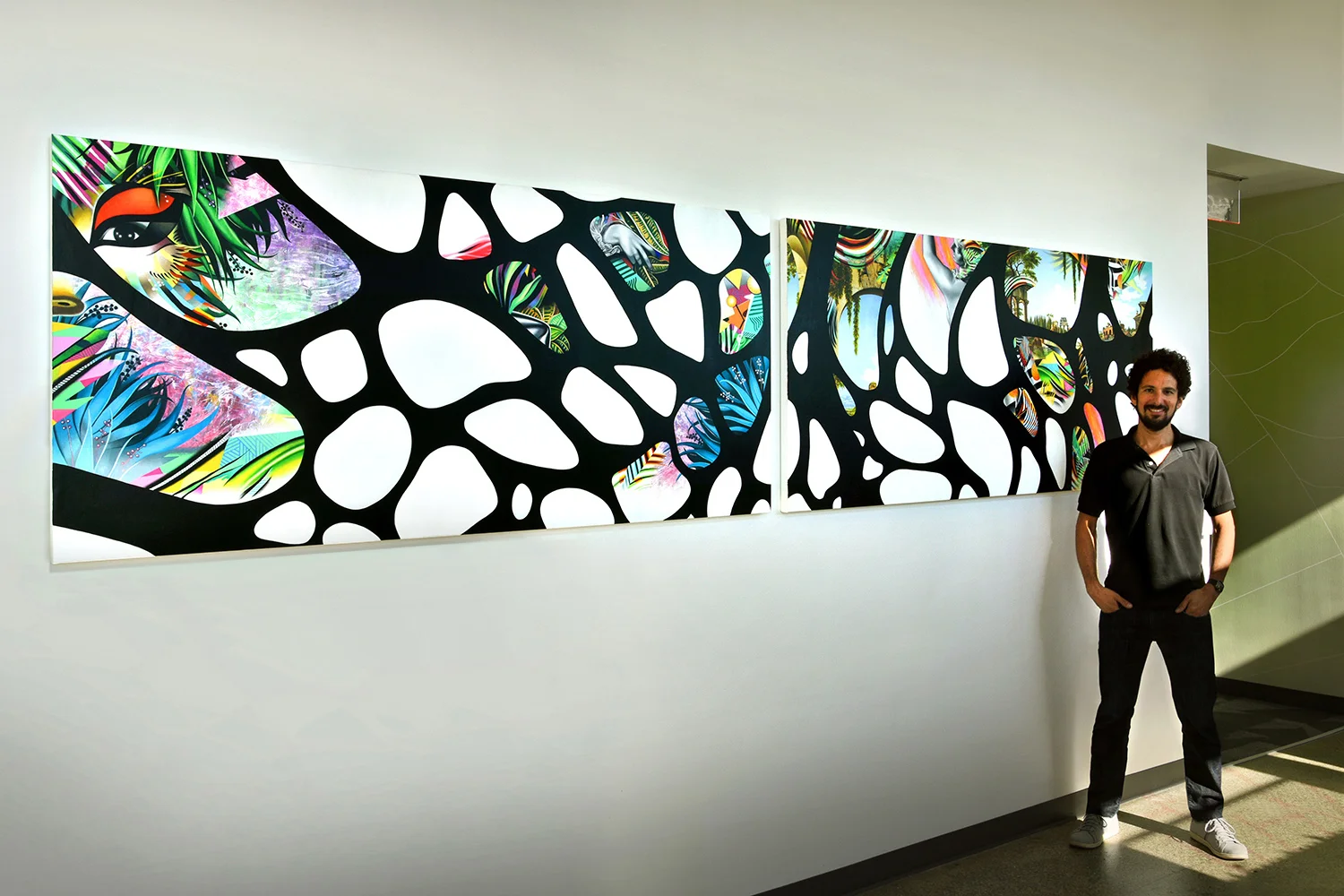 Ventana 2.0 - Eden & Babylon (Installation View w/ Artist at Google NYC) , Arcylic on canvas over panel, 160 in. x 36 in. (80 in. x 36 in. each). 2017-2018.