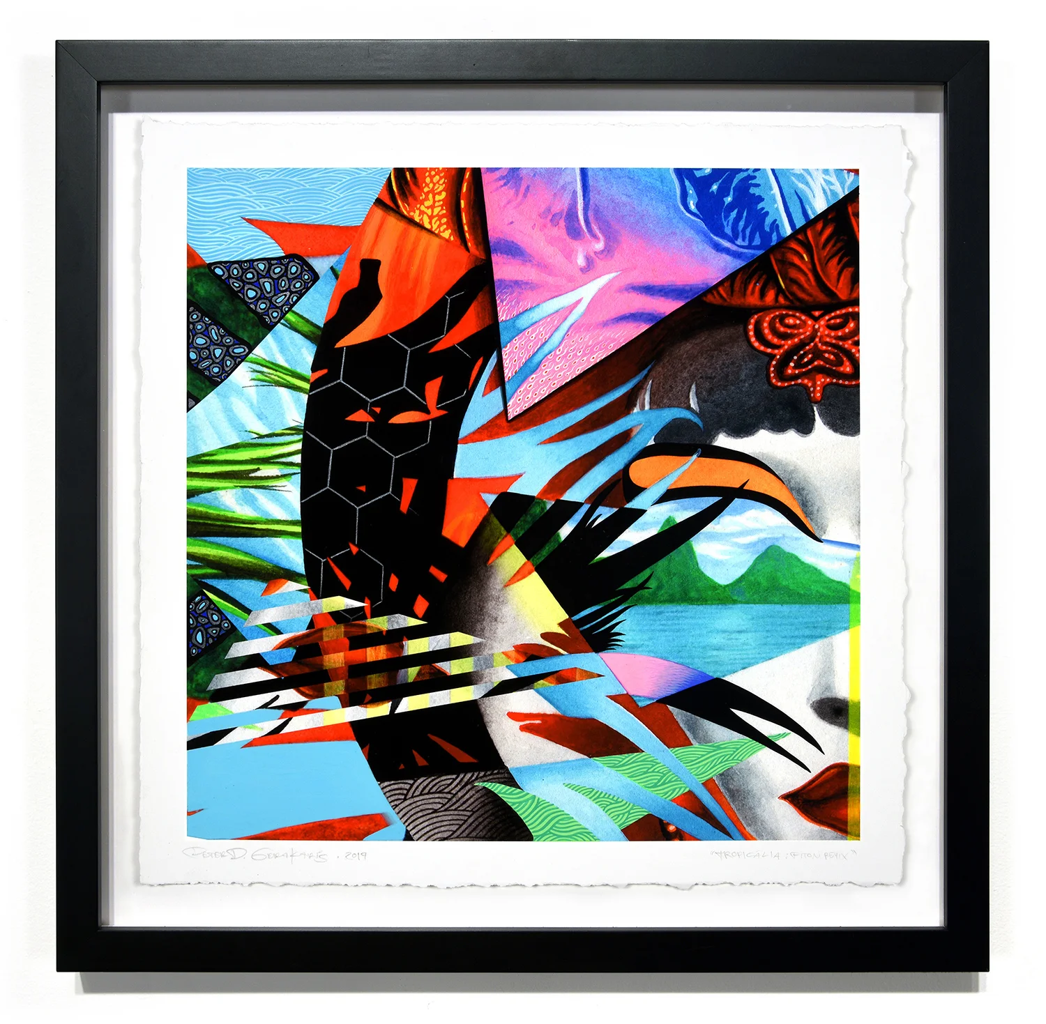 Tropicália: Piton Remix, Gouache, iridescent pigments, & mixed-media on paper, Framed w/ archival, UV-filtering shadowbox frame, 16.5 inches x 16.5 inches. 2019