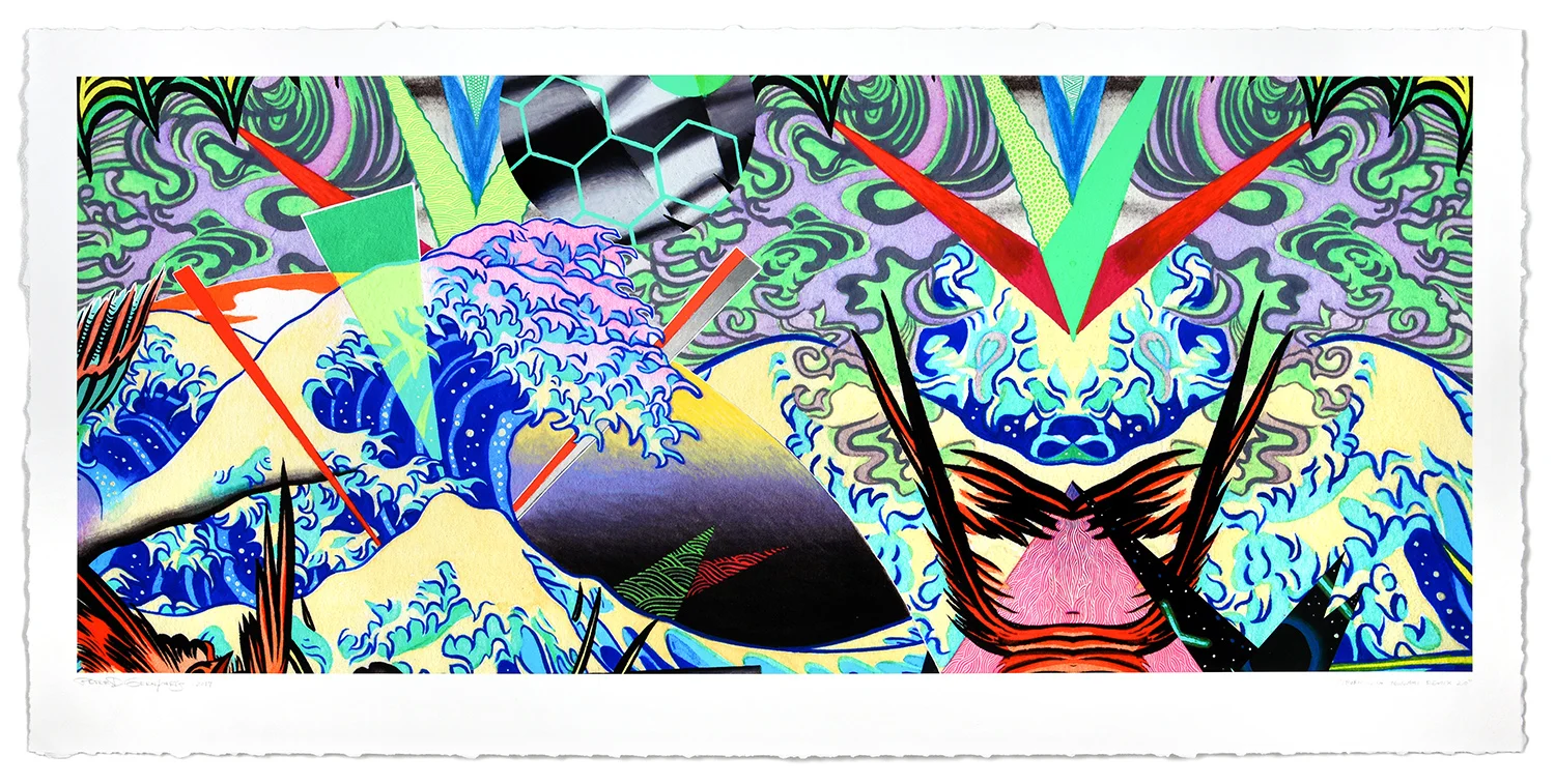 TROPICÁLIA TSUNAMI REMIX 2.0 , 2019, Gouache & acrylic over archival pigment print on fine art paper, 21 × 43 in (53.3 × 109.2 cm)