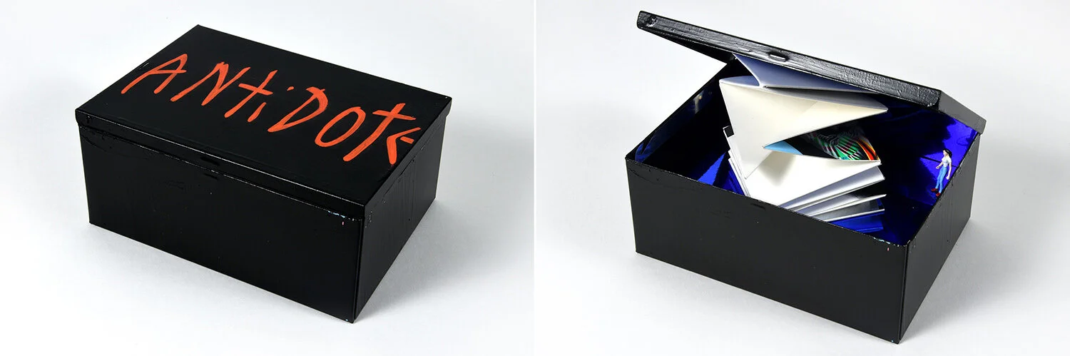 Pandora’s Box (opening sequence) — Origami Sculpture for Mykonos Biennale 2019 (Apathia). Gouache, acrylic, mirrored mylar, & paper on yupo w/ painted figurines in mirrored box. Approximately 26 in x 8 in x 6 in (66.04 cm x 20.32 cm x 15.24 cm). 2019. Exhibited as part of Antidote Treasure Hunt on Dilos Island.