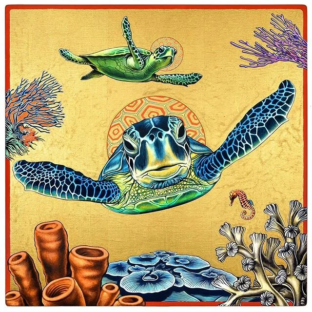 A Call to Climate Awareness! &ldquo;Turtle Icon&rdquo; pays homage to the majestic, yet endangered Loggerhead Turtles of the world (cameos by a Hawksbill, various corals, etc)&hellip; &ldquo;Turtle Icon&rdquo; (&copy;2018-19) painting inspired while 
