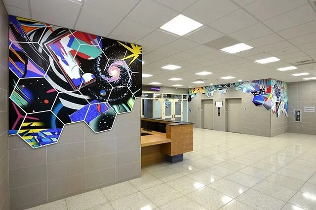 Referencing PS101 Alum #CarlSagan, here&rsquo;s &ldquo;Cosmos&rdquo; - the next of 8 continuous mural vignettes in &ldquo;Cosmic Bridge&quot;, a 116ft hand-painted #NYC #PublicArt #Commission in #Brooklyn at @PS101K // Stay tuned as I continue to unv