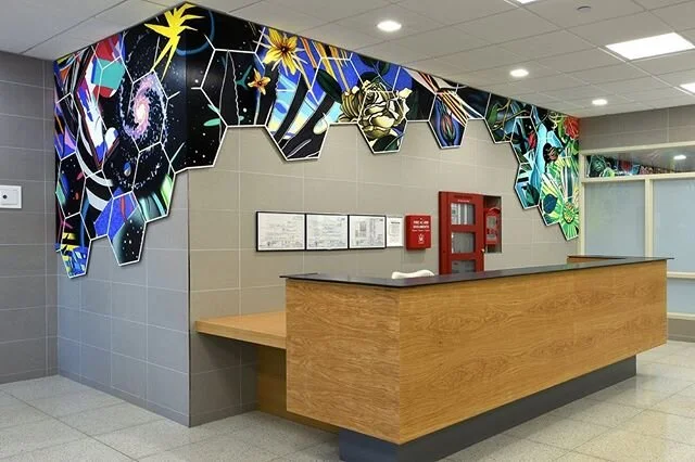 &ldquo;Cosmic Flora&rdquo; (pictured): another vignette from new &ldquo;Cosmic Bridge&rdquo; installation, a 116ft hand-painted #NYC #PublicArt #Commission in #Brooklyn at @PS101K &mdash; Here, imagery references the #Rose (NY State&rsquo;s official 