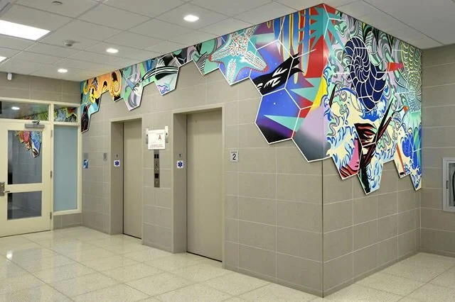 This 19+ ft &ldquo;Nautical&rdquo; vignette (left) flows around the corner from &ldquo;Nautilus&rdquo; (right) in &ldquo;Cosmic Bridge&rdquo;, a new 116ft hand-painted #NYC #PublicArt #Commission in #Brooklyn at @PS101K &mdash; This entire side of th