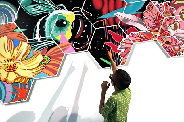 Back to unveiling &ldquo;Cosmic Bridge&rdquo;: students wear ChromaDepth 3D glasses to spatialize #color when immersed in this 116ft hand-painted #NYC #PublicArt #Commission in #Brooklyn at @PS101K &mdash;  This sneak peek detail comes from the &ldqu