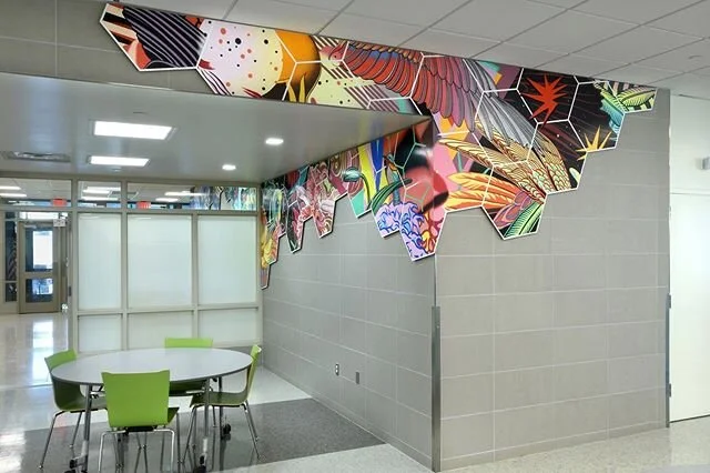 And now for the Cafeteria half of &ldquo;Cosmic Bridge&rdquo; (&ldquo;Plumage Vignette&rdquo; pictured) - new 116ft hand-painted public art installation spanning from the lobby through the glass doors into the cafeteria @PS101K &mdash; As one moves f