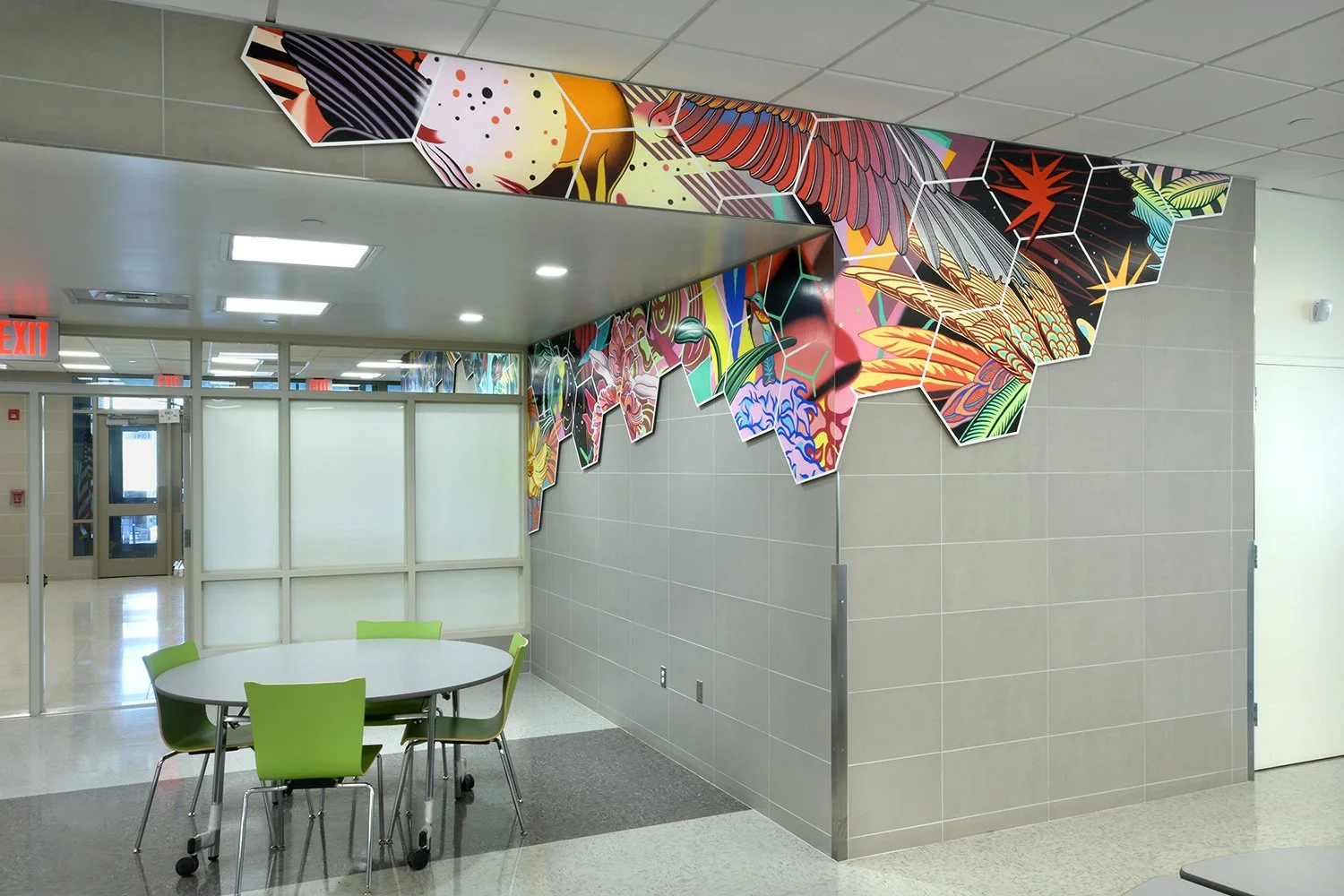 COSMIC BRIDGE - Cafeteria perspective from right side where “Pollinators” (left) & “Plumage” (right) vignettes connect. Acrylic on shaped dibond panel. Project Description