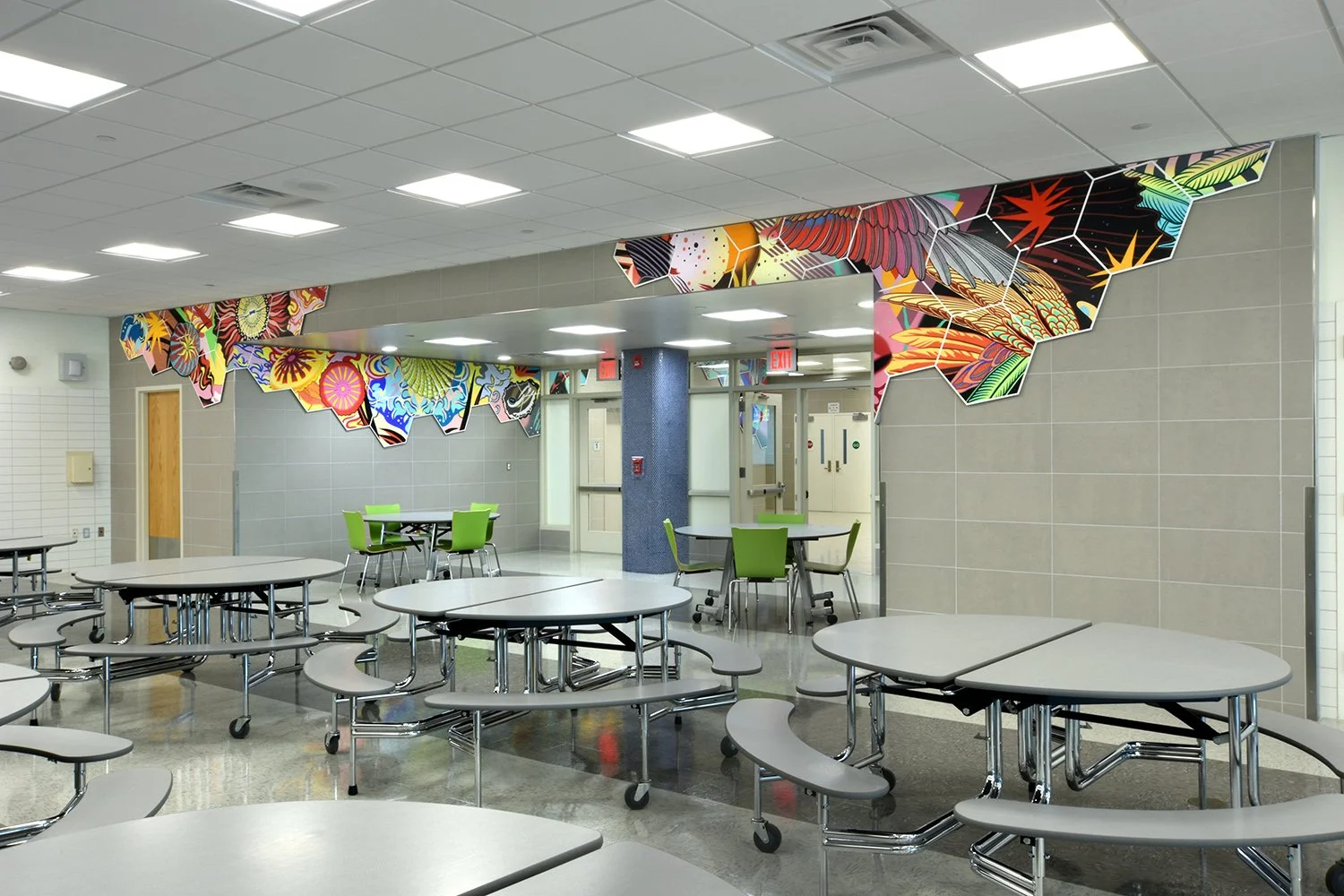 COSMIC BRIDGE - Cafeteria perspective from right side w/ “Plumage” vignette in foreground. Acrylic on shaped dibond panel. Project Description