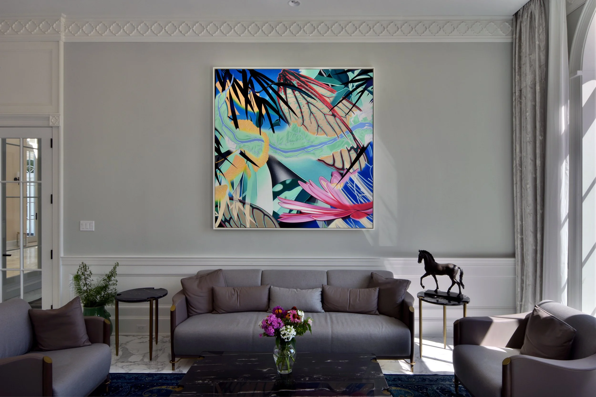 Potomac Moon - In Situ, 72 in. x 72 in., Silver leaf & acrylic on canvas. 2023. One of two site-specific companion commissions for Potomac Estate Private Collection (Potomac, MD)