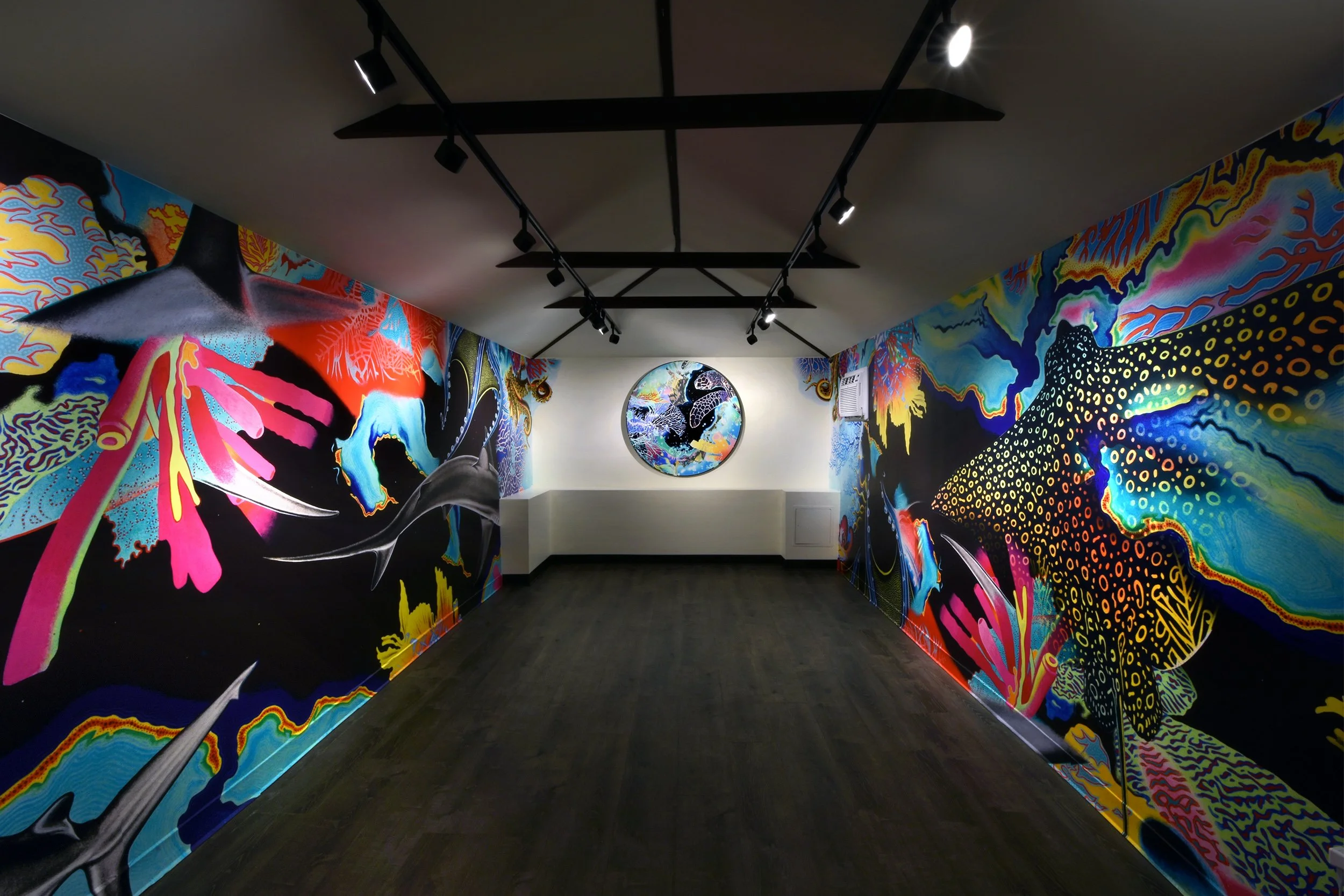 Topographies - Installation View — An immersive Solo Exhibition w/ two site-specific wall murals measuring approx. ~20ft x 7ft each, a 4ft diameter tondo painting, & original work on paper w/ optional ChromaDepth 3D Glasses at the Garage Art C