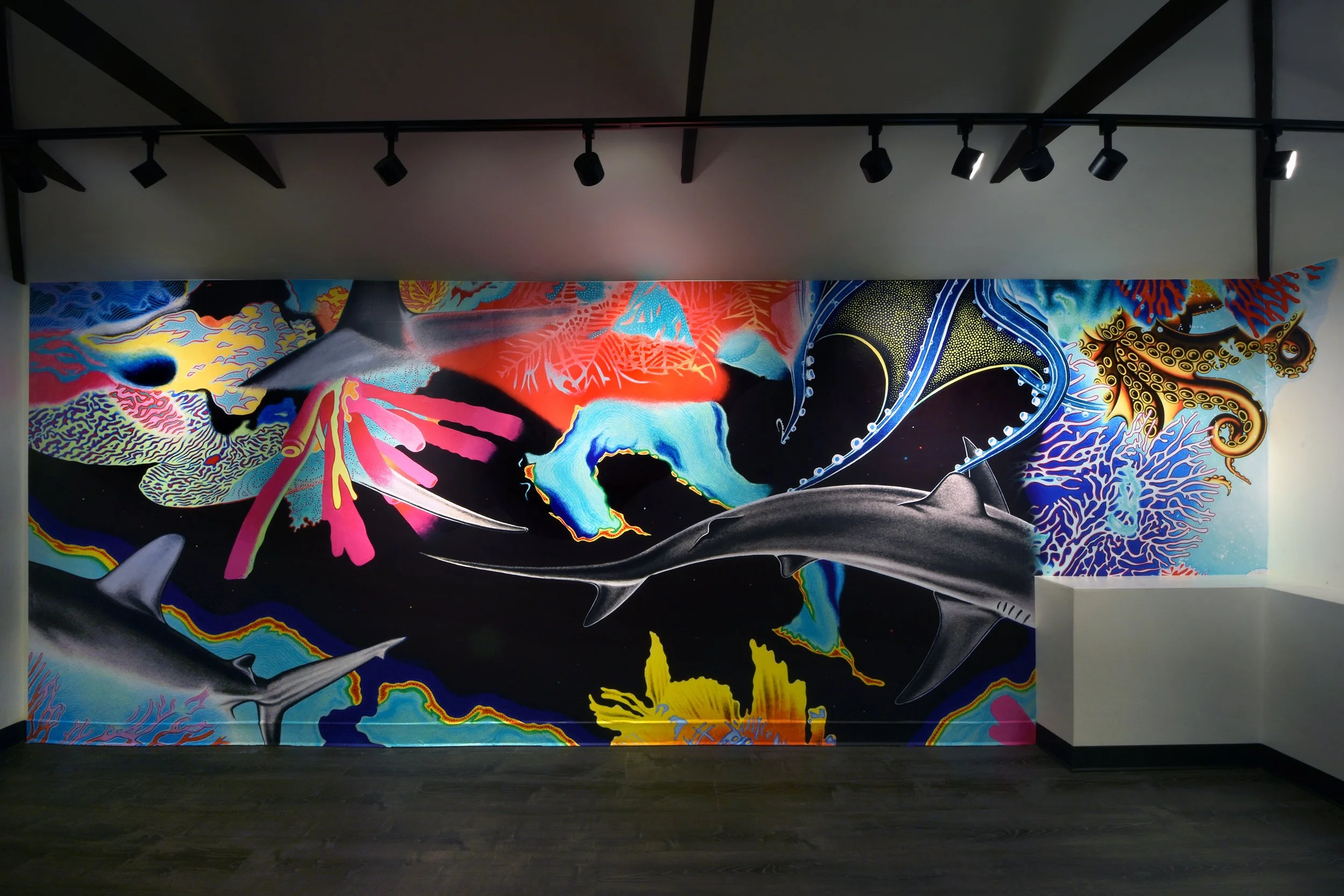 Topographies - Partial Installation View — One of two site-specific murals (left wall) measuring approx. ~20ft x 7ft each from immersive Solo Exhibition w/ optional ChromaDepth 3D Glasses at the Garage Art Center, NYC. Currently on exhibition no