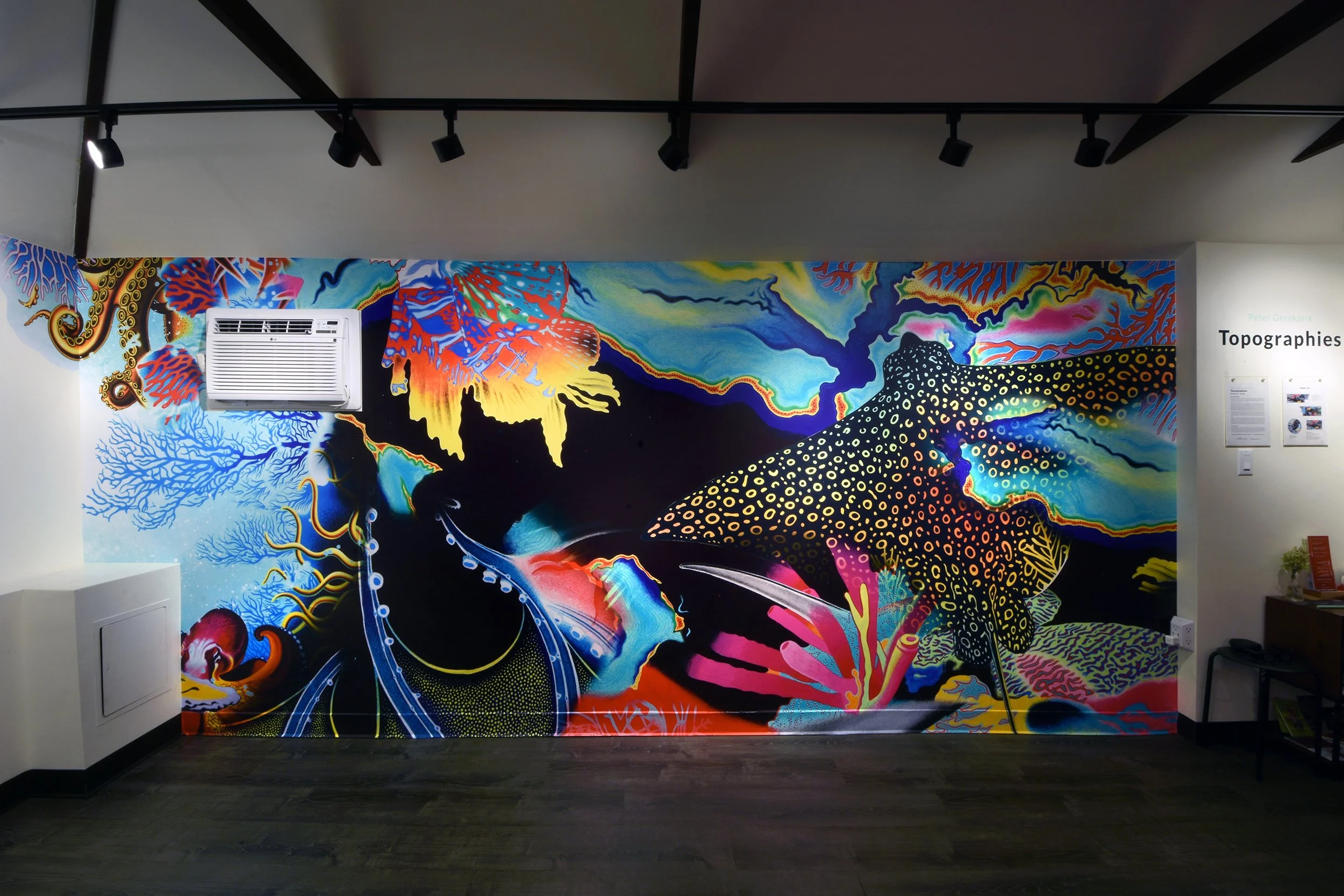 Topographies - Partial Installation View — One of two site-specific murals (right wall) measuring approx. ~20ft x 7ft each from immersive Solo Exhibition w/ optional ChromaDepth 3D Glasses at the Garage Art Center, NYC. Currently on exhibition n