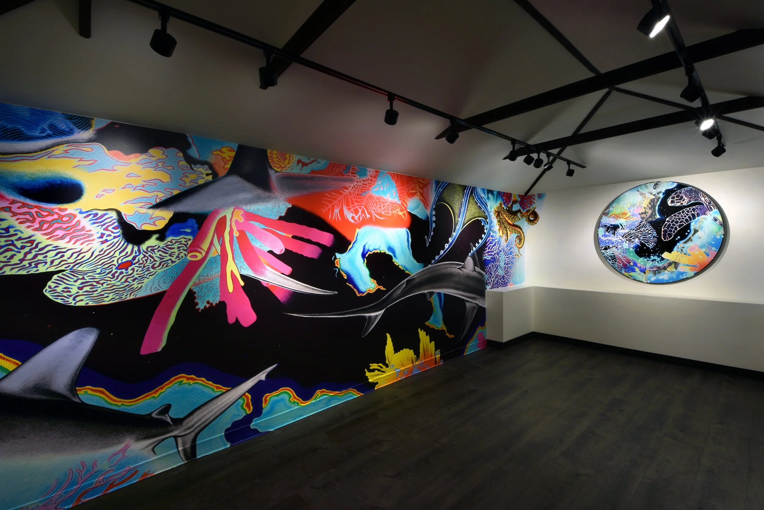 Topographies - Partial Installation View — One of two site-specific murals (left) measuring approx. ~20ft x 7ft w/ Turtle Oculus Tondo (right) from immersive Solo Exhibition w/ optional ChromaDepth 3D Glasses at the Garage Art Center, NYC. Cur
