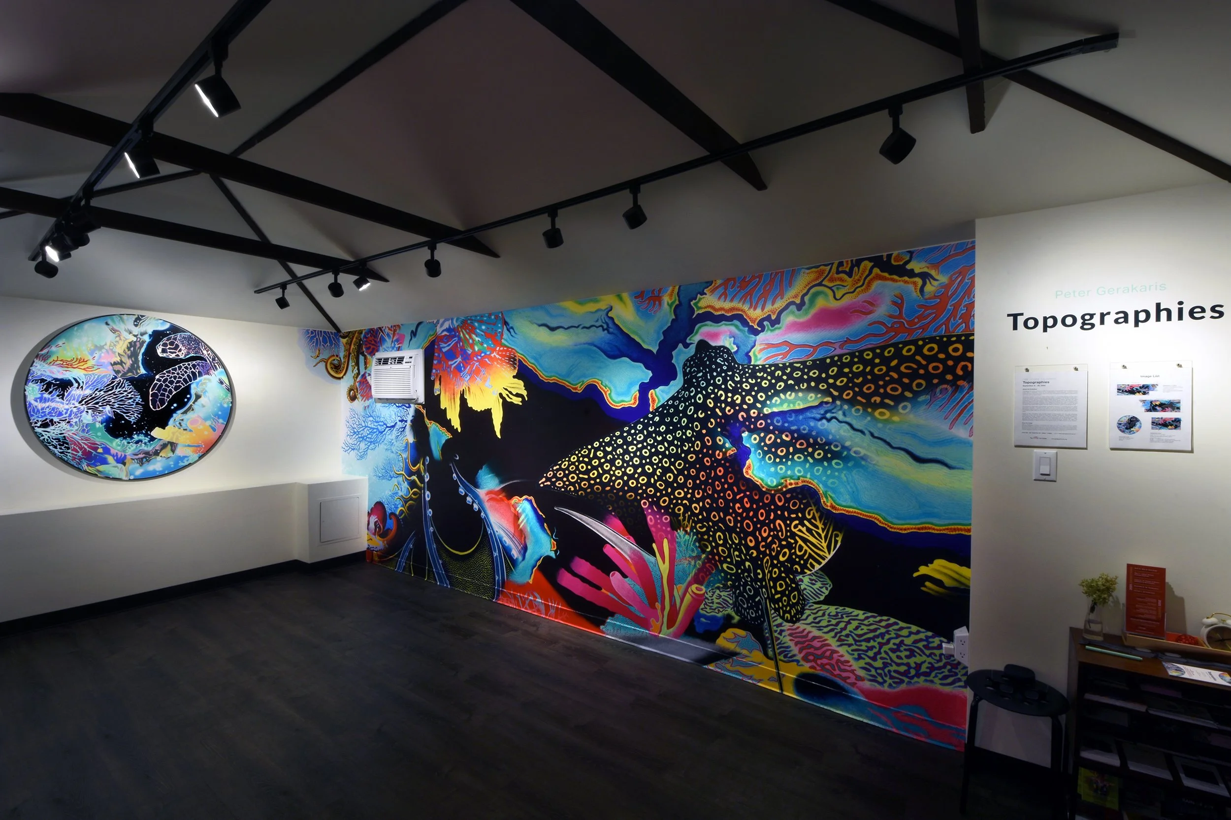 Topographies - Partial Installation View — One of two site-specific murals (right) measuring approx. ~20ft x 7ft w/ Turtle Oculus Tondo (left) from immersive Solo Exhibition w/ optional ChromaDepth 3D Glasses at the Garage Art Center, NYC. Cur