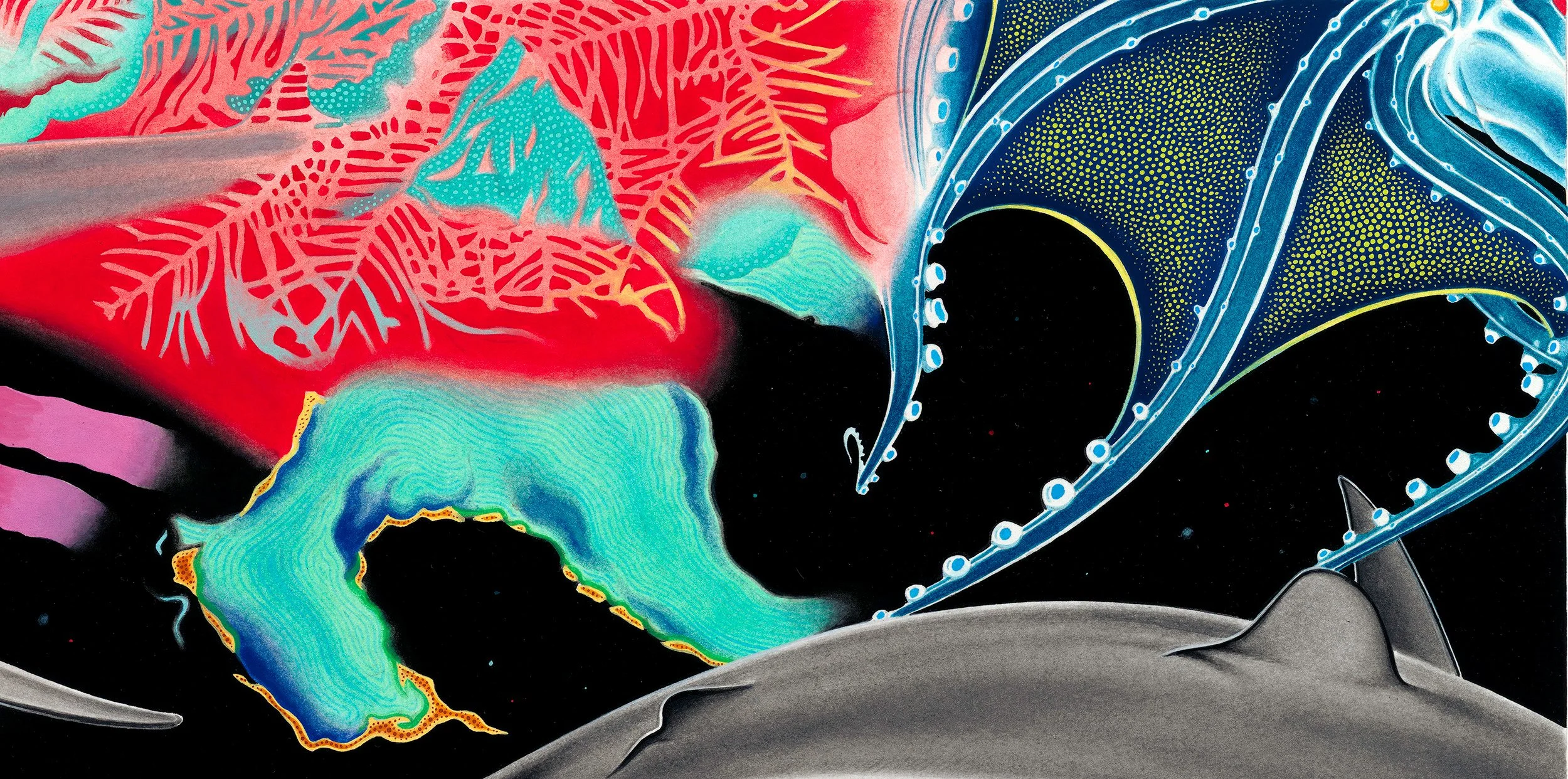 Topographies Study I (Detail) - Gouache & acrylic on Stonehenge paper, 27.75" x 17.25”, 2025. Preparatory painting for large-scale, site-specific wall mural. Collection of the Artist