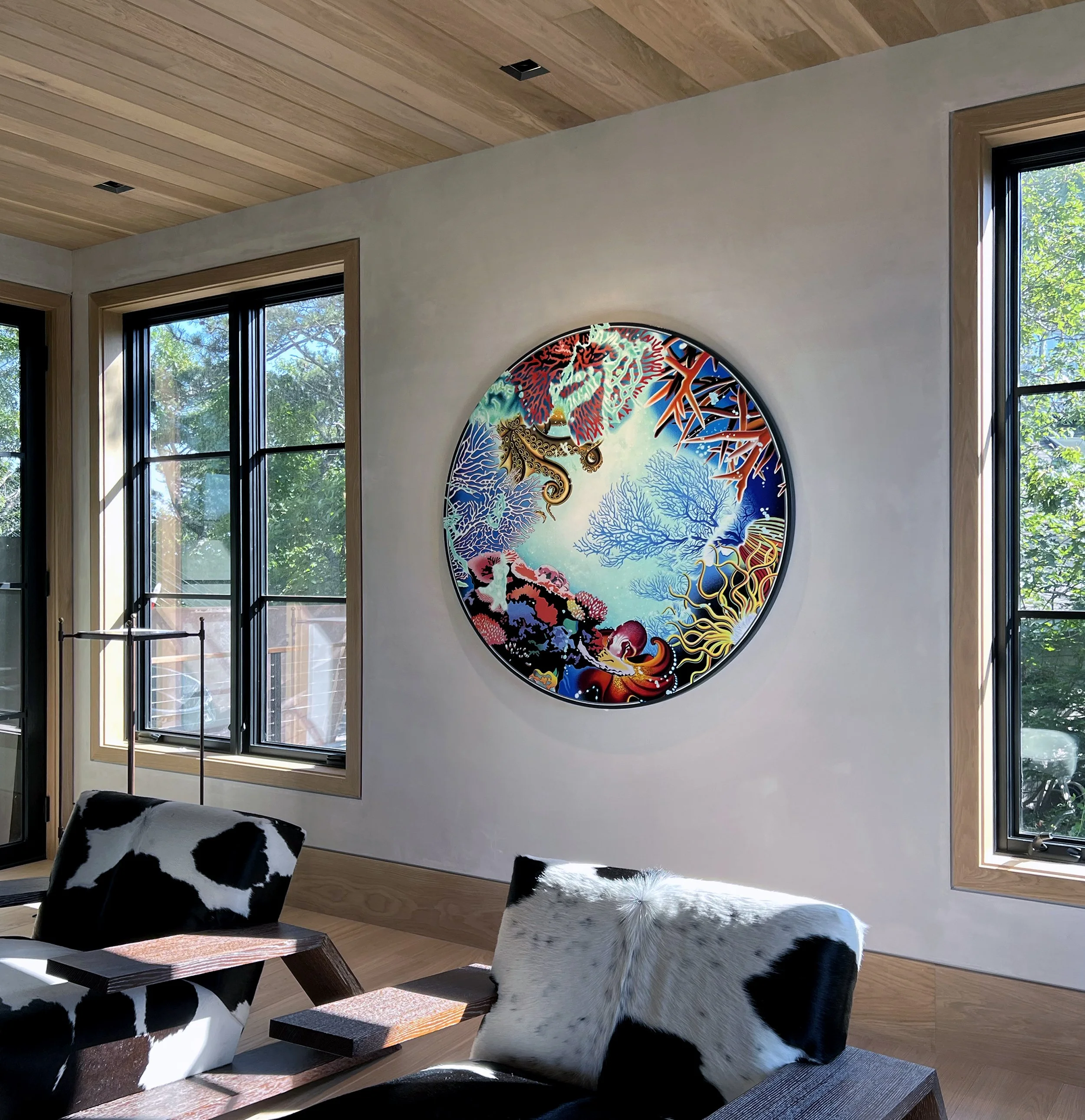   Coral Oculus Tondo — In Situ at Collector’s Residence , 48 in. diameter, Acrylic on canvas. 2021. Private Collection (Provincetown, MA) 