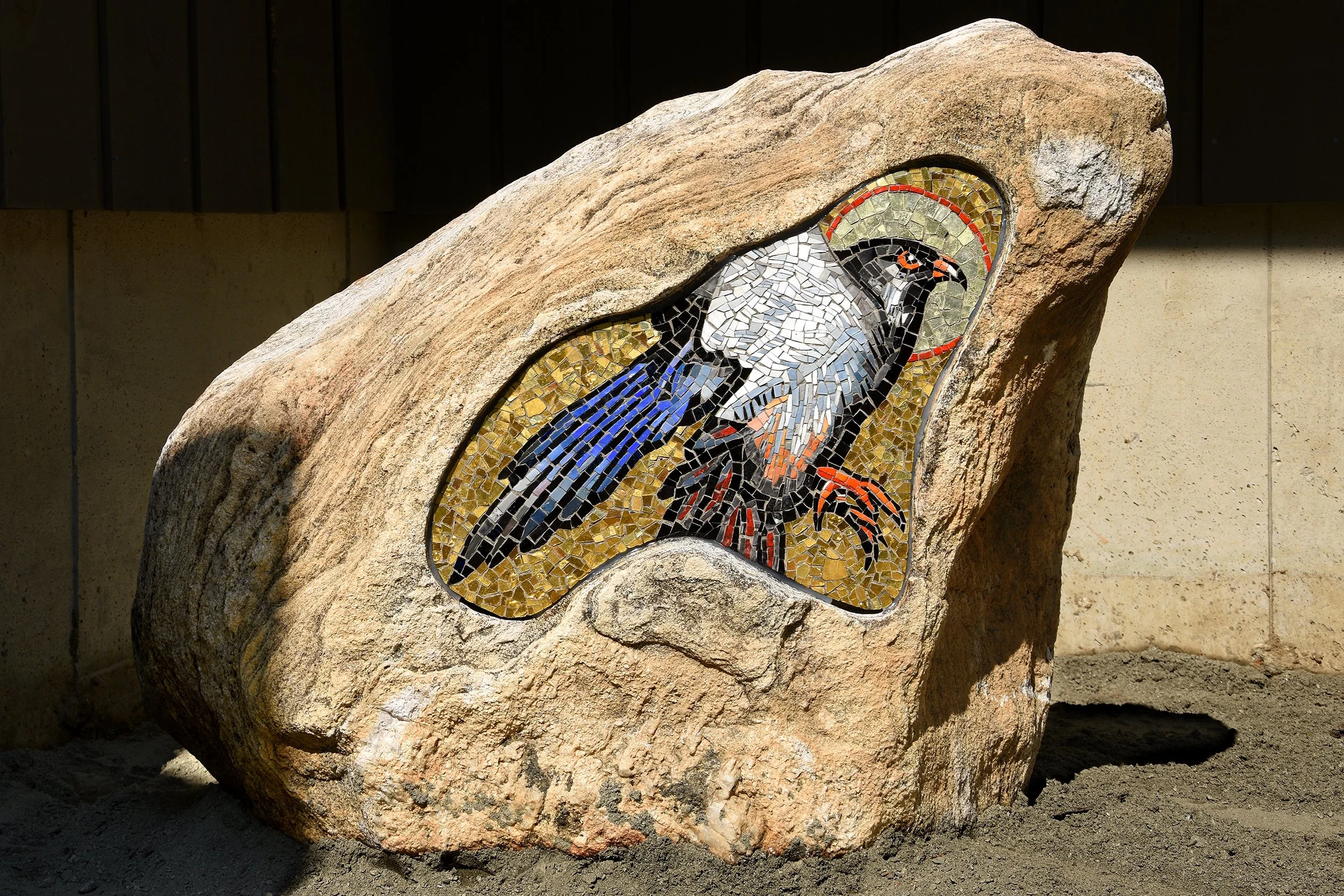   Amur Falcon Mosaic Icon  — Site-Specific Installation by Peter D. Gerakaris for garden entrance path, translated into mosaic by Miotto Mosaic Art Studios. Approx. 30 in. x  36 in. x 20 in, Glass Mosaic emblema in stone. 2026. Commissioned for Priva