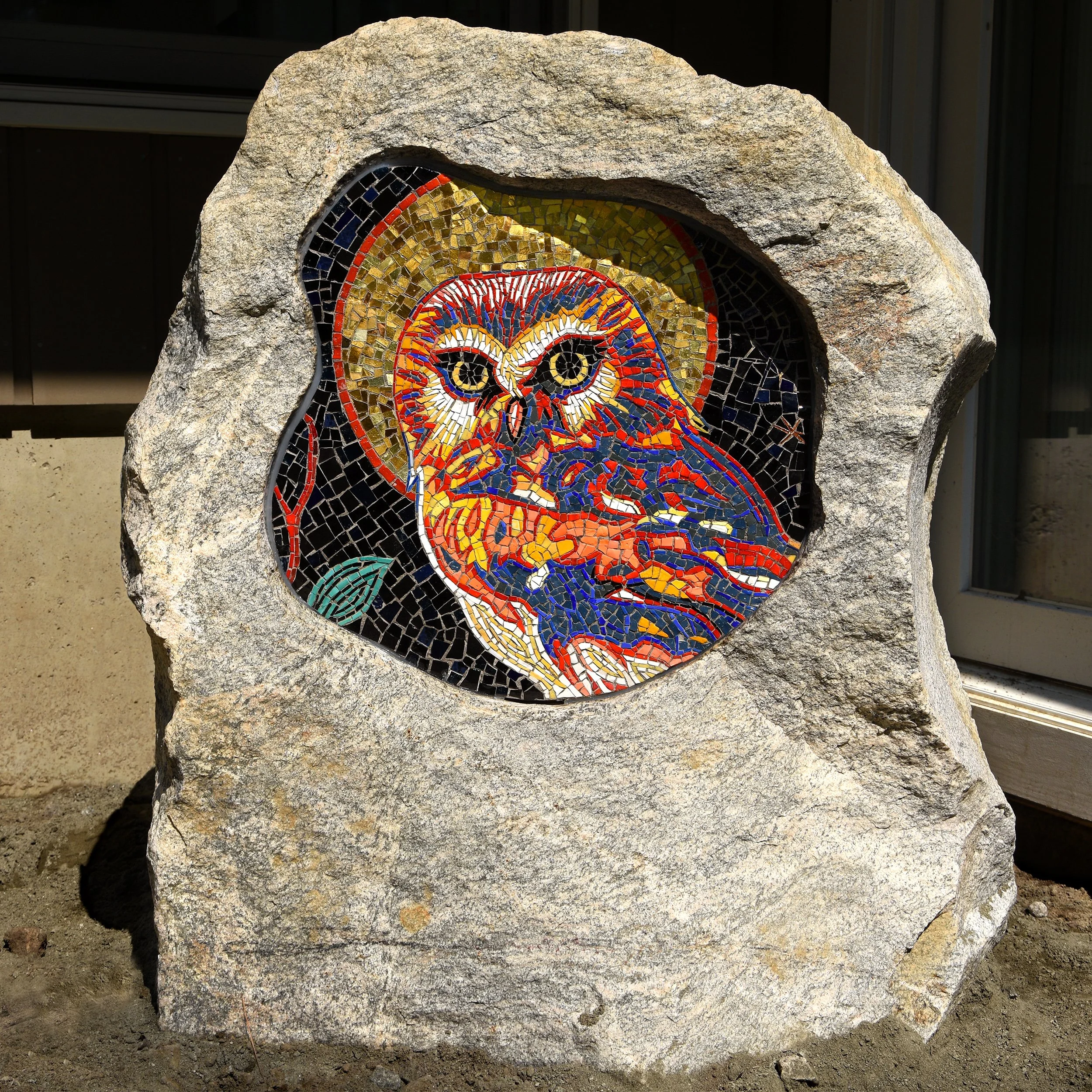   Saw-Whet Owl Mosaic Icon  — Site-Specific Installation by Peter D. Gerakaris for garden entrance path, translated into mosaic by Miotto Mosaic Art Studios. Approx. 36 in. x  29 in. x 20 in, Glass Mosaic emblema in stone. 2026. Commissioned for Priv