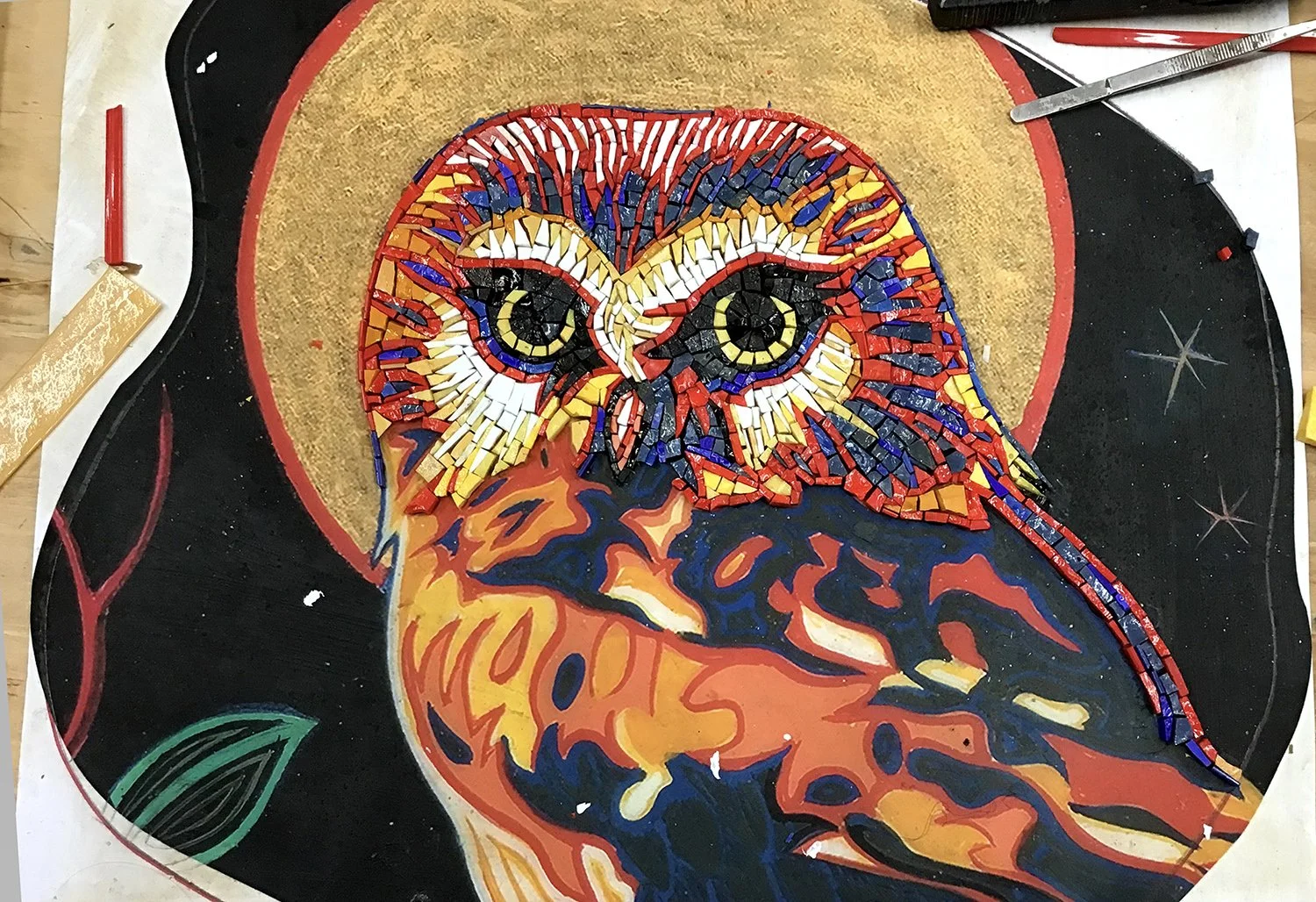   Saw-Whet Owl Mosaic Icon — In Process at Mosaic Studio  