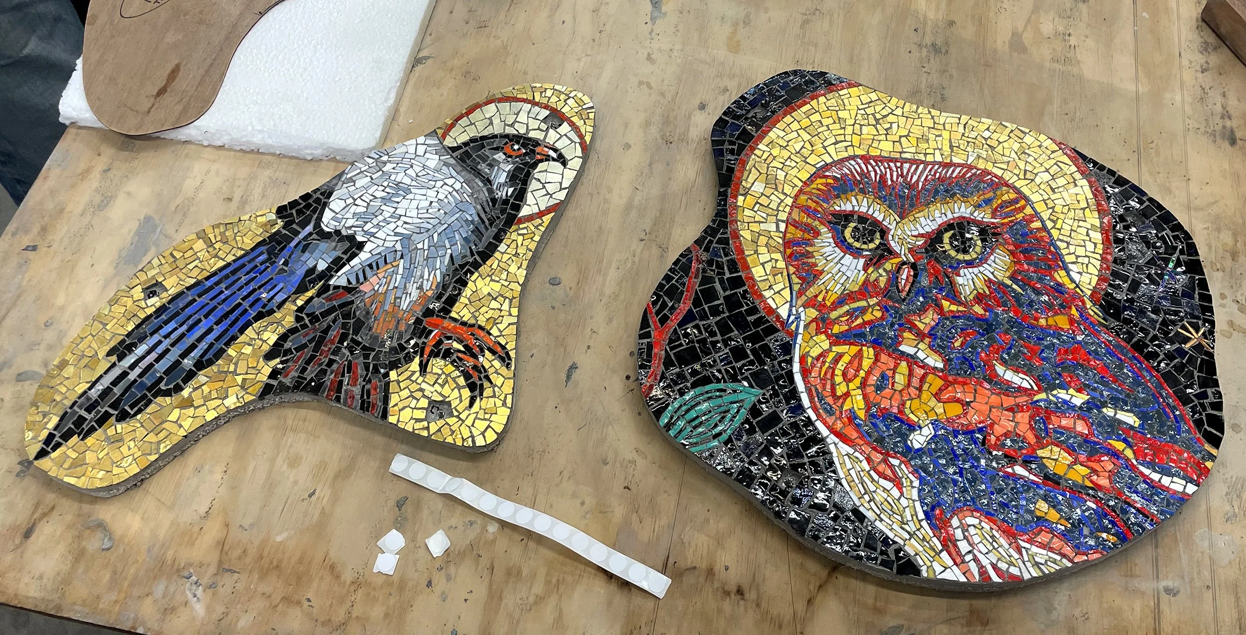   Amur Falcon Mosaic Icon panel (left) &amp; Saw-Whet Owl Mosaic Icon panel (right) at Mosaic Studio — ready for installation in their respective stones  