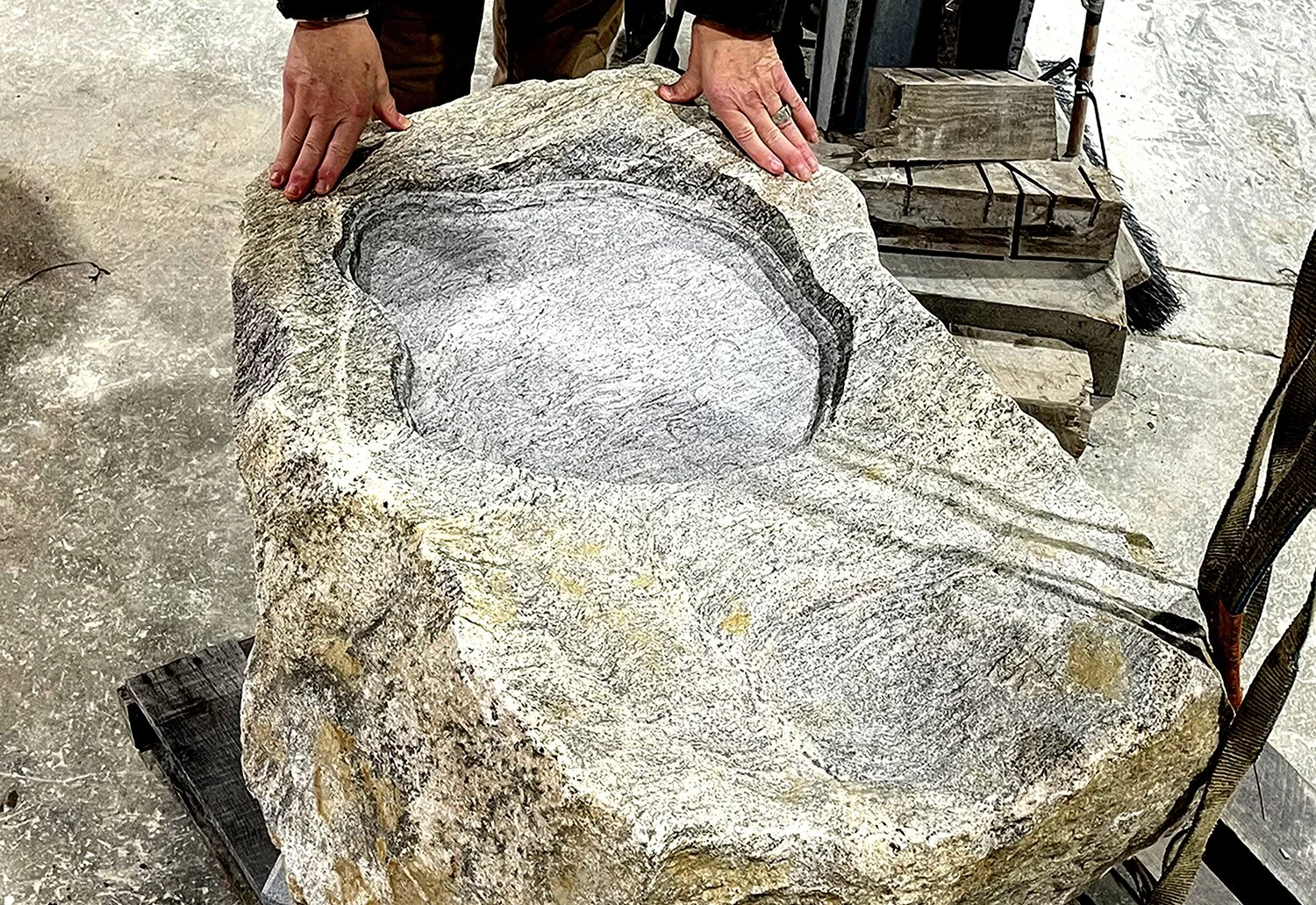   Preparing stone for Saw-Whet Owl Mosaic Icon panel inlay at mason’s shop  