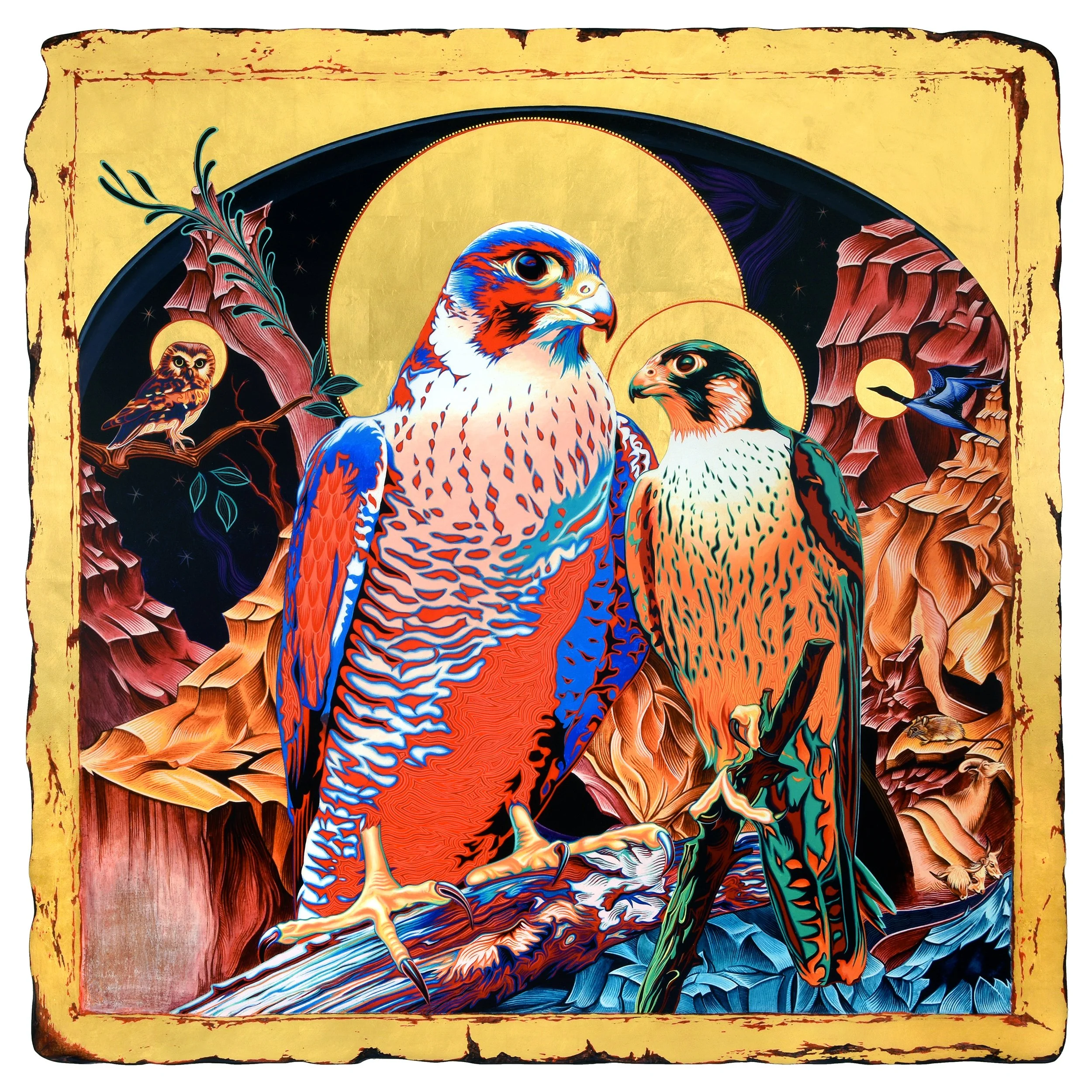   Peregrine Icon (28.5lb Reprise)  — 48 in. x 48 in. Hand-applied gold leaf &amp; hand-embellishments over unique archival UV-cured pigment print on hand-crafted and distressed wood panel. 2024-2026. Gift of Hilary Wood and Heather Wood, in memory of