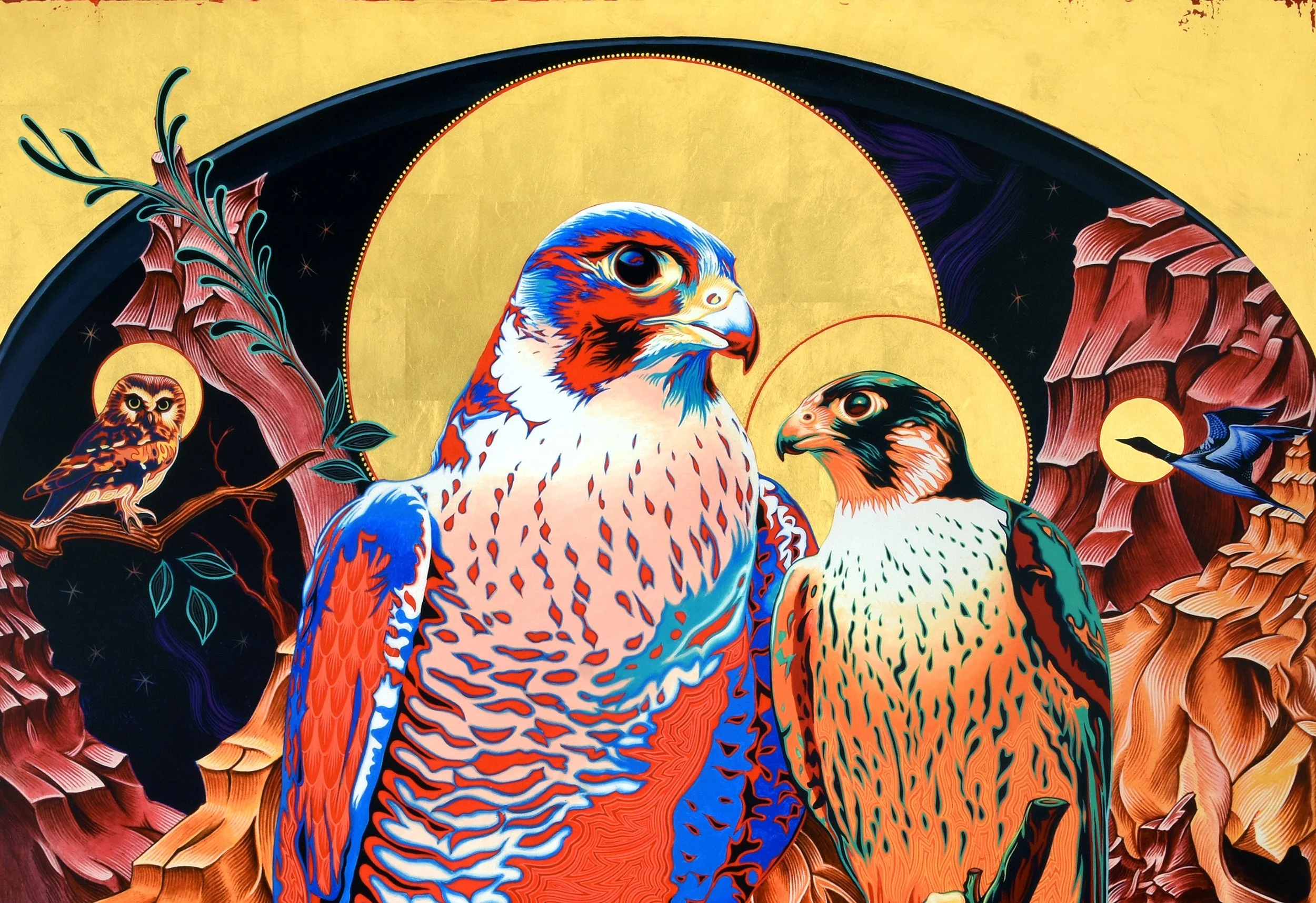   Peregrine Icon (28.5lb Reprise) Detail  — 48 in. x 48 in. Hand-applied gold leaf &amp; hand-embellishments over unique archival UV-cured pigment print on hand-crafted and distressed wood panel. 2024-2026. Gift of Hilary Wood and Heather Wood, in me