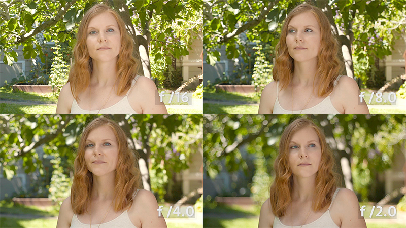The same aperture test created outside where we can get a deeper background. You can really see how isolated from the background our actress at f /2.0. Canon C100 mkII with 50mm lens.