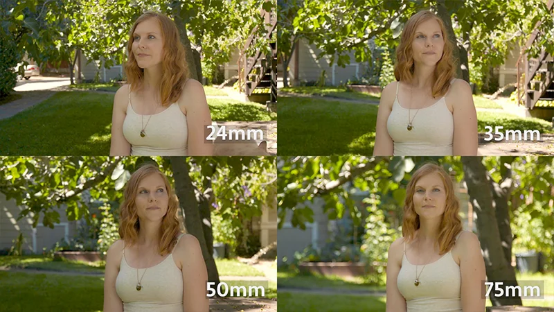 By changing the focal length of the lens, and the position of the camera to maintain the same framing of our actress, we change the field of view of our background. C100 mkII, 24-105 zoom.