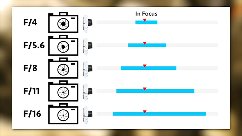Aperture affects the depth of field, widening at higher (tighter) apertures.