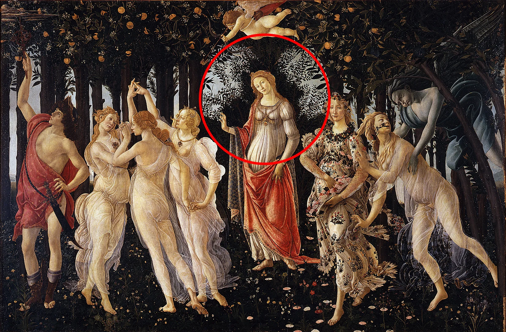 The background creates a circle to draw the viewers focus. Primavera by Sandro Botticelli.