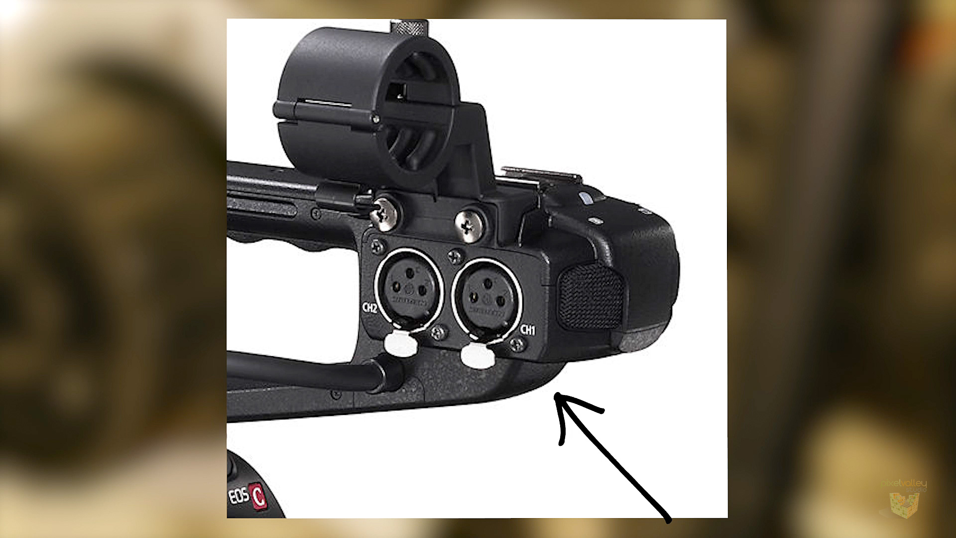 Two XLR audio inputs built into the Canon C100 handle.