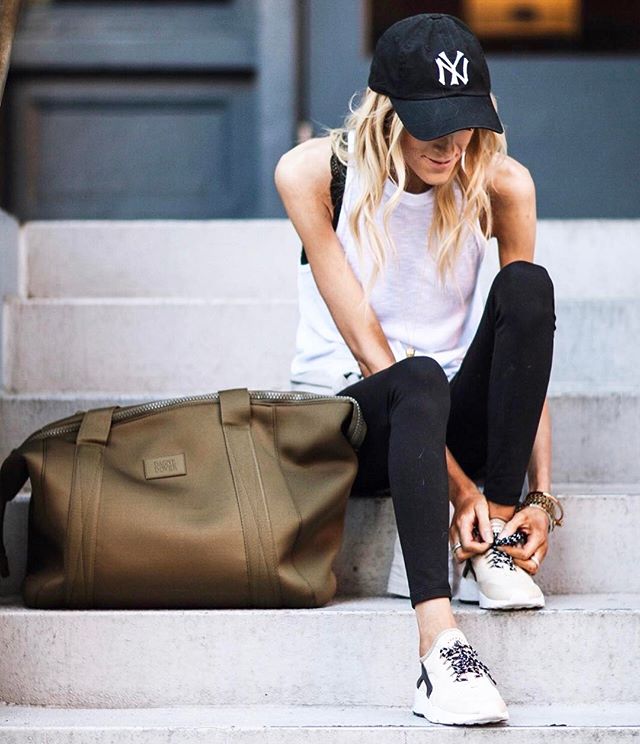 Athleisure essentials: baseball hat ✔️ super soft muscle tank ✔️ live-in leggings ✔️ cool sneaks ✔️ and a sweet gym bag to tote to carry the essentials. P.S. code 'MSAUER50' gives you a discount at @carbon38!  Shop this pic via screenshot with the ne