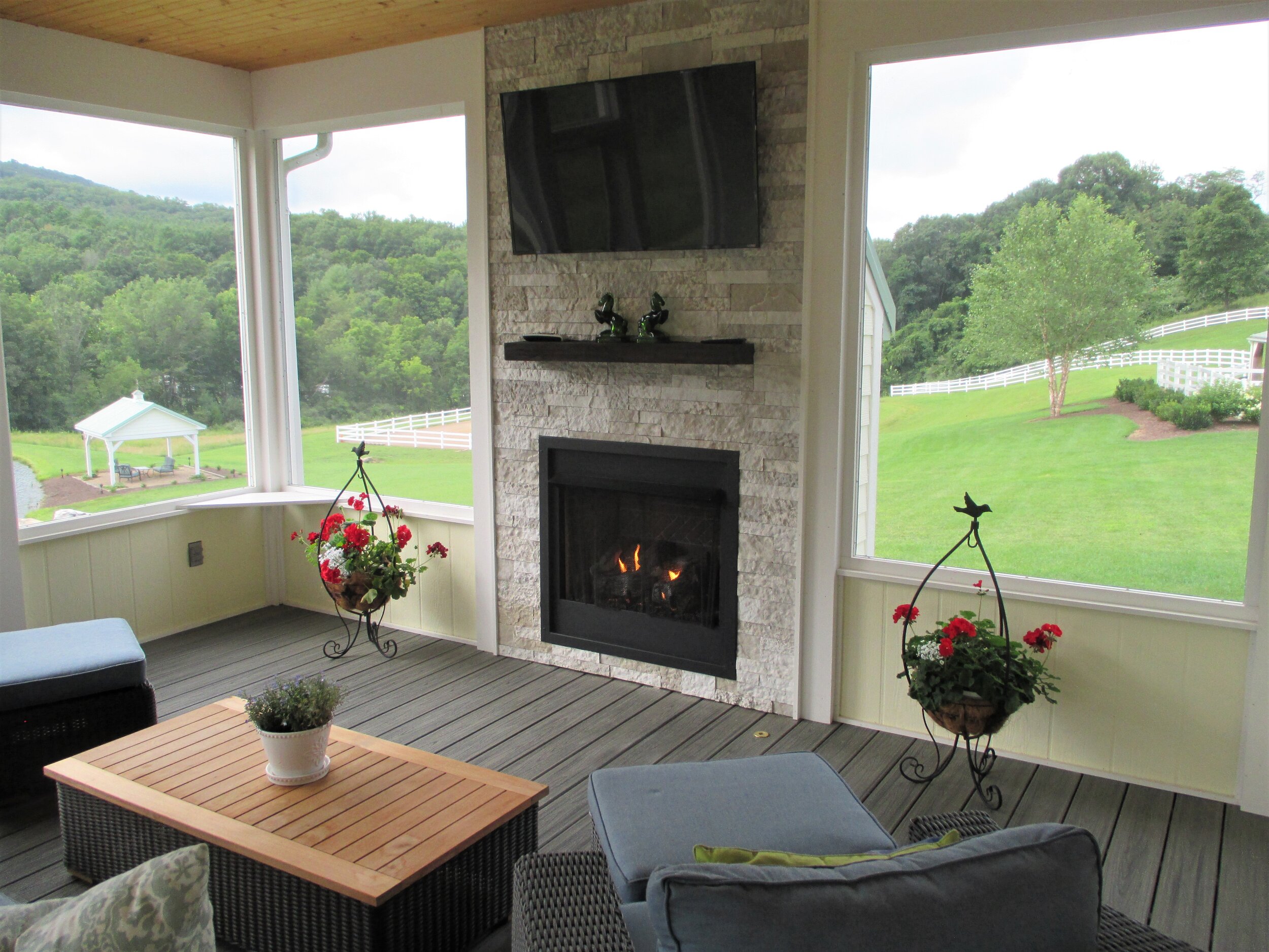 Screen Porch with Fireplace &amp; TV