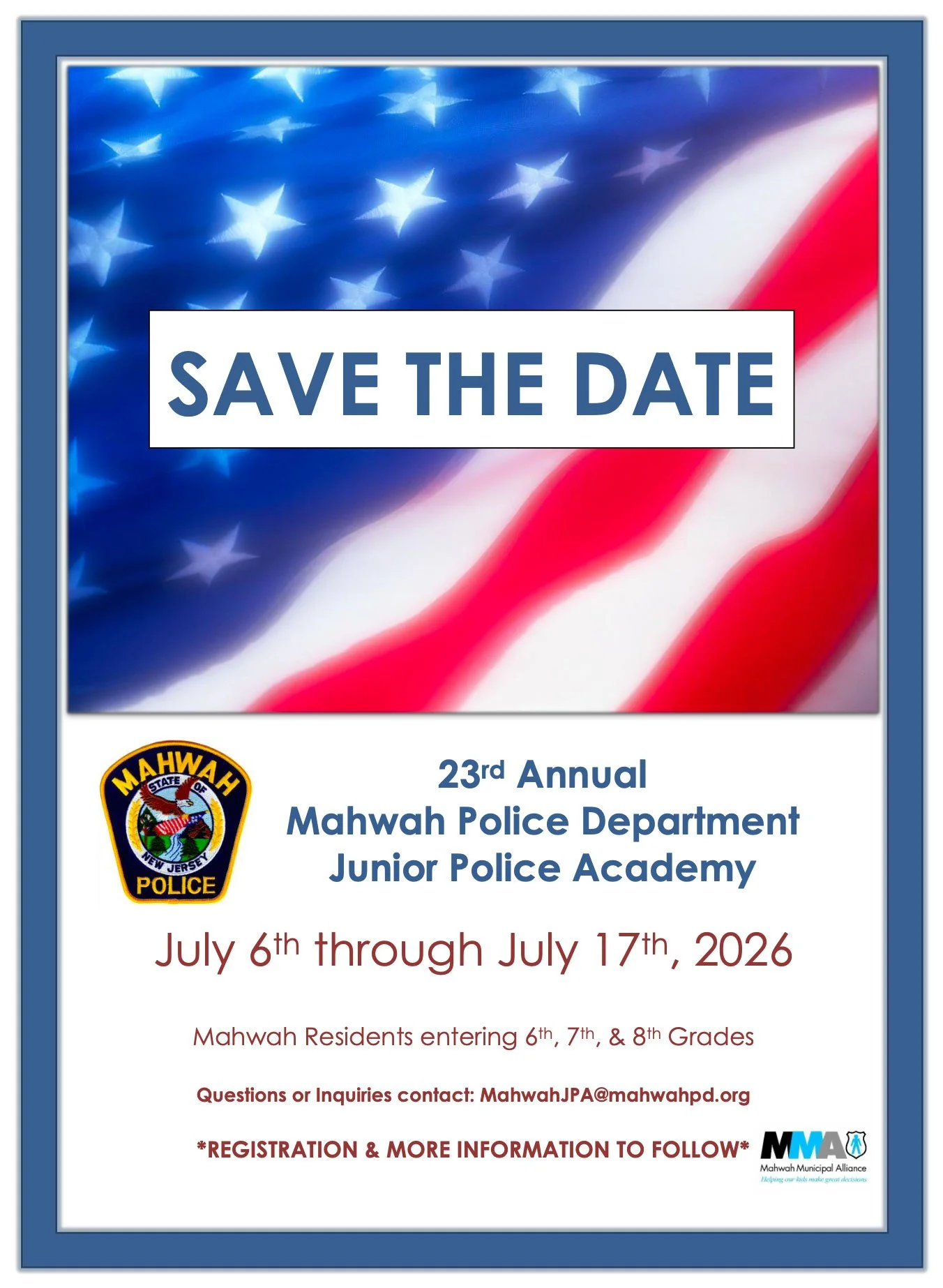2026 mahwah municipal alliance junior police academy nj save the date july 6th