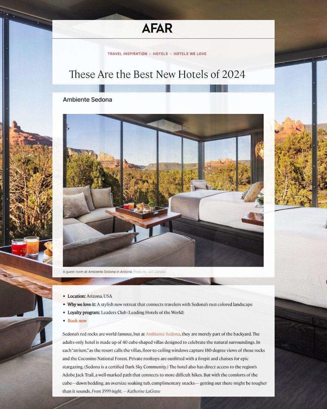 Hot off the press! 🗞️ @AFARmedia just named @AmbienteSedona among the Best New Hotels in the World for 2024. Out of 31 hotels - only 5 U.S. hotels made the cut. Offering unparalleled views of the world-famous #Sedona red rocks from their luxurious g
