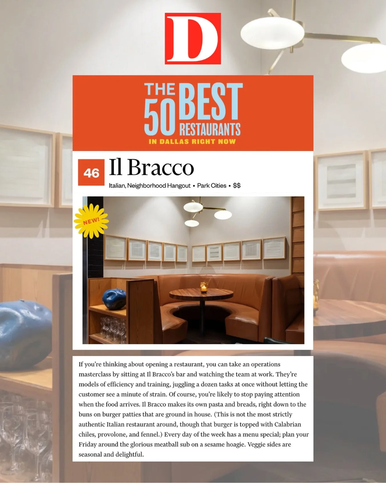 What are the 50 Best Restaurants in Dallas right now? You better believe @ilBraccoRestaurant made the list! It&rsquo;s a major nod to one of the city&rsquo;s most beloved neighborhood dining destinations - and if you&rsquo;re in Dallas, Houston or Sc