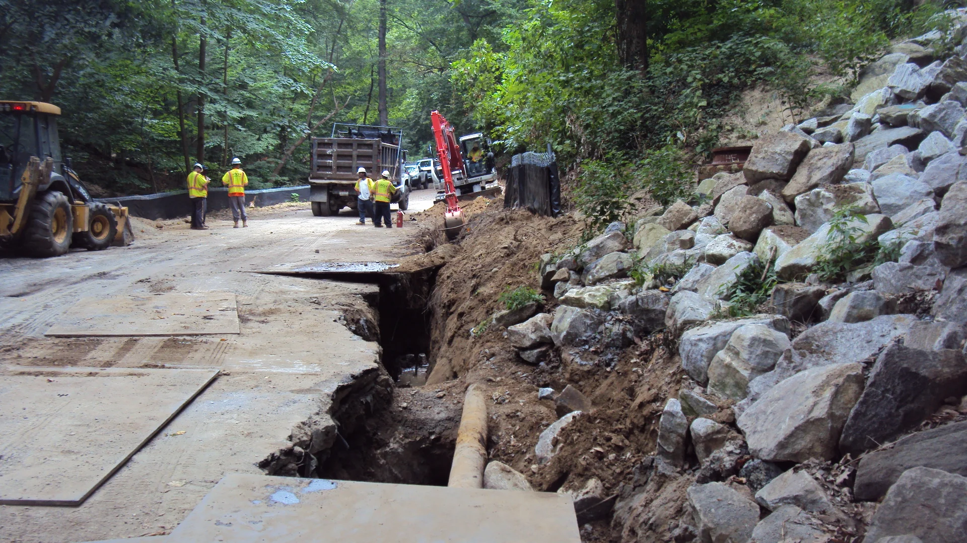 Excavation under the Connecticut Avenue Bridge revealed four separate utility and drainage pipes