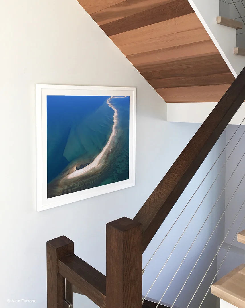 "Division Flow II" in private home, Water Mill, NY - stairway entrance.
