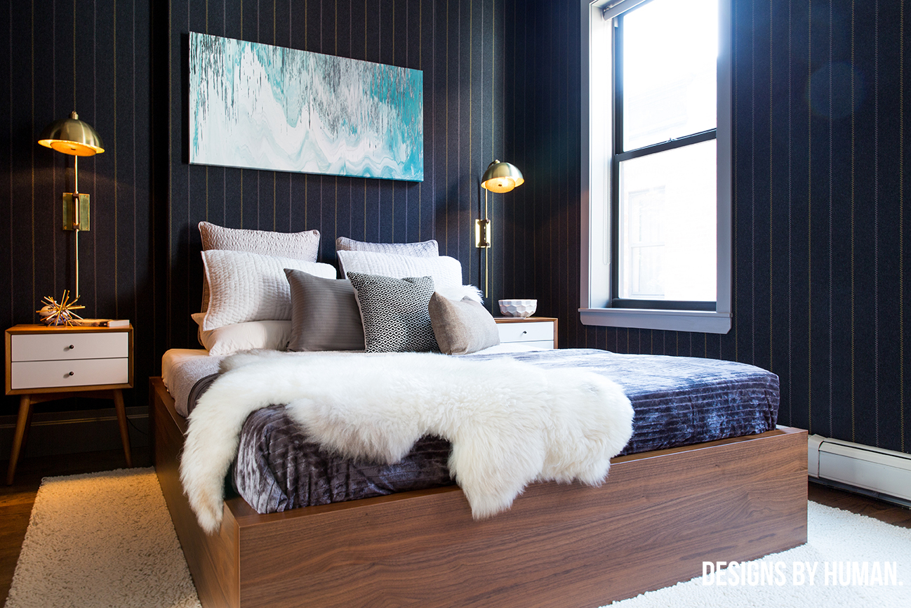 Bedroom - Cohen Townhouse by Designs By Human . We used tones of gray in the pinstripe wallcovering, luxe bedding and pillows.