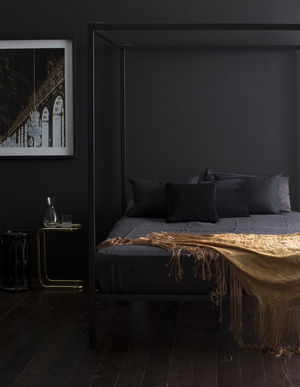 A dark, inky bedroom by Megan Morton .